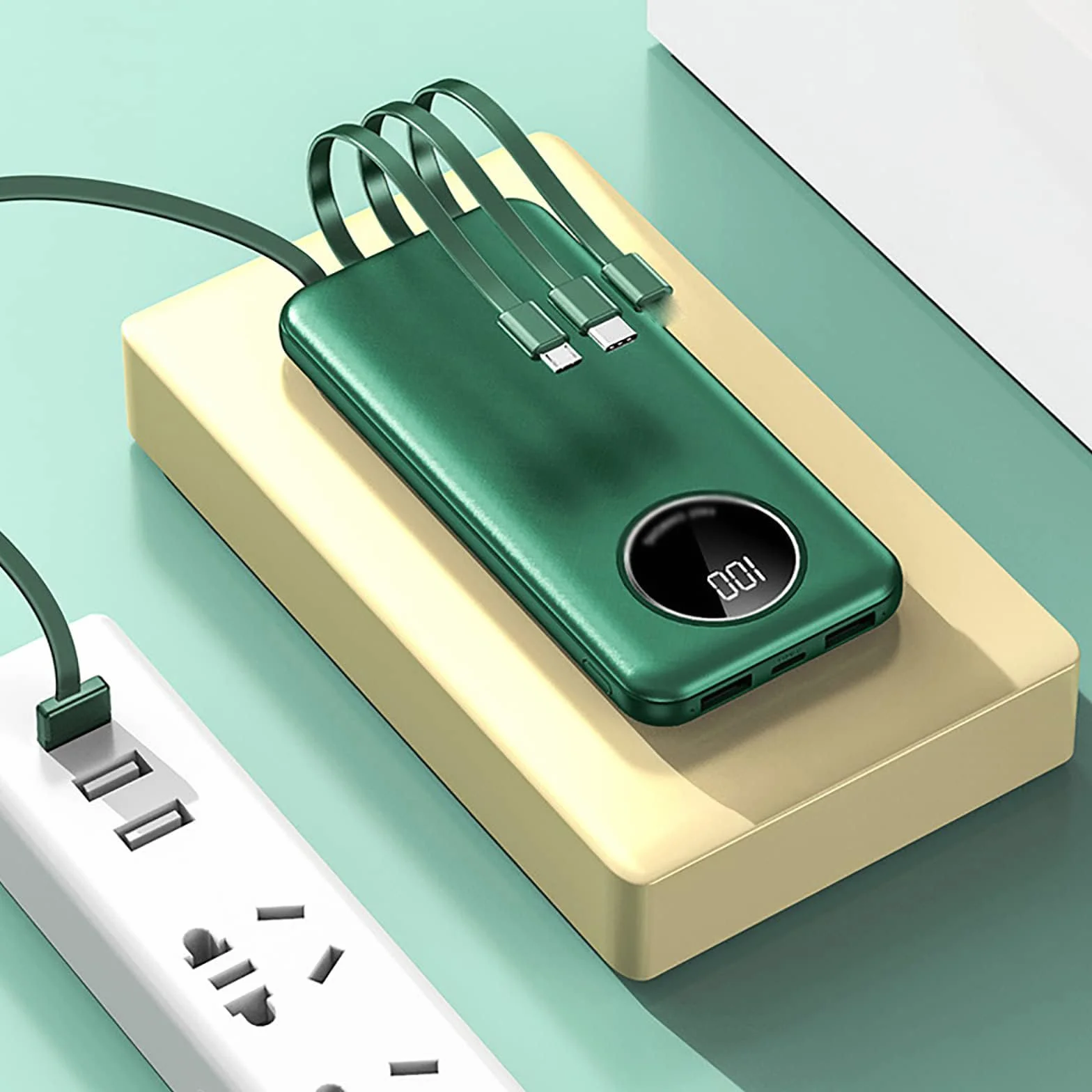 Powerbank 30000mAh Wbudowany kabel Powerbank z 5 wyjściami Duża pojemność Zewnętrzny akumulator do smartfona 5V 2.1A Szybkie ładowanie,Green
