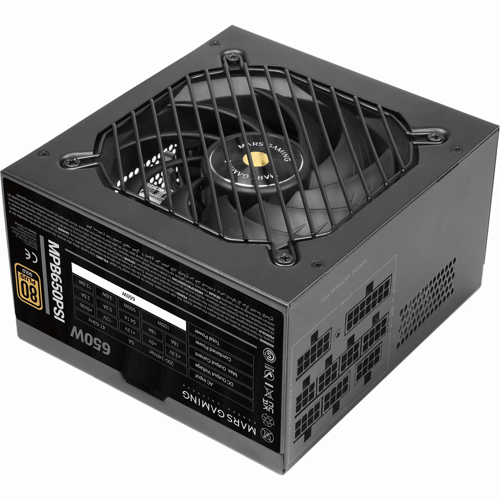 Mars Gaming MPB650PSI, Zasilacz Komputerowy Full Modular 650W, 10 Lat Gwarancji, 80Plus Gold 90%, Wentylator SI Extreme Silence, Technologie AI2-RPM, DC-DC i SMD, ATX 3.1 i PCIe 5.1, Czarny