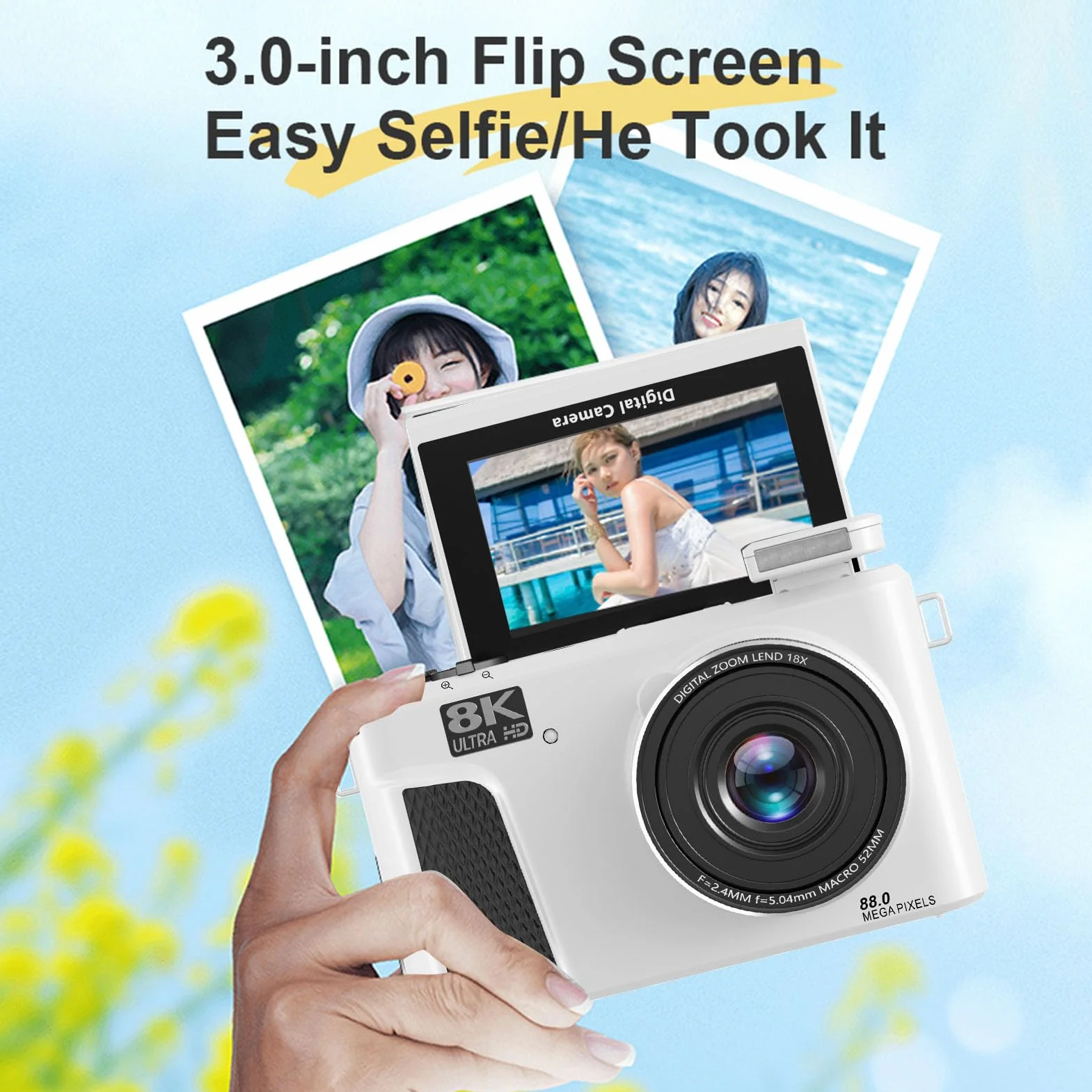 Goshyda Aparat Cyfrowy 8K, Aparat UHD 88MP z kontrolą Wi -Fi, 18 -krotny Aparat Zoomu do Vlogowania z Ekranem 3 Cali 180 °, Autofokus do Wideo na żywo (WHITE)