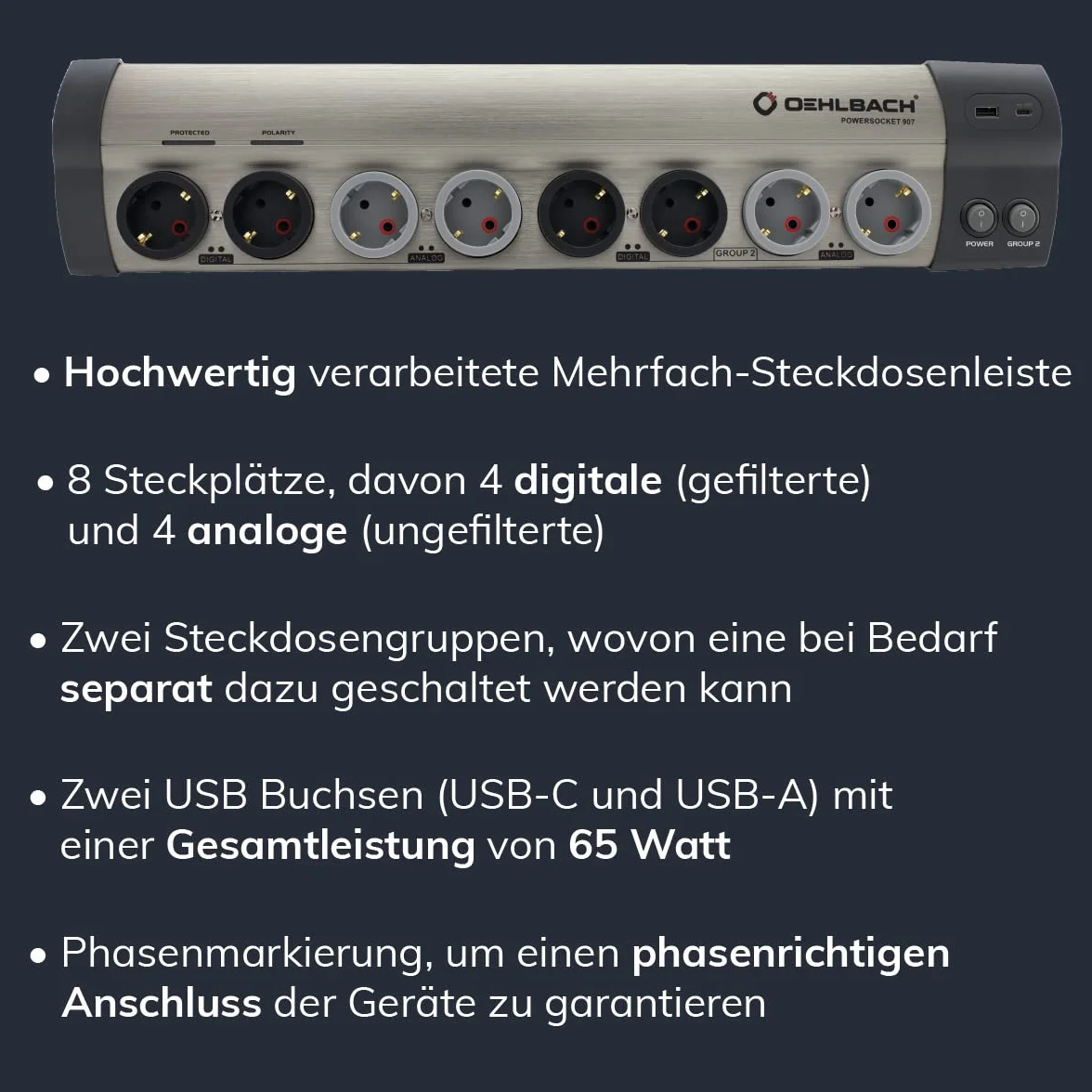 OEHLBACH Powersocket 907 MKII wysokiej jakości listwa zasilająca HiFi z filtrowaniem i ochroną przed przepięciem (2 gniazda USB – ładowarka USB-C 65 W Power i gniazdo USB-A) – szczotkowane aluminium