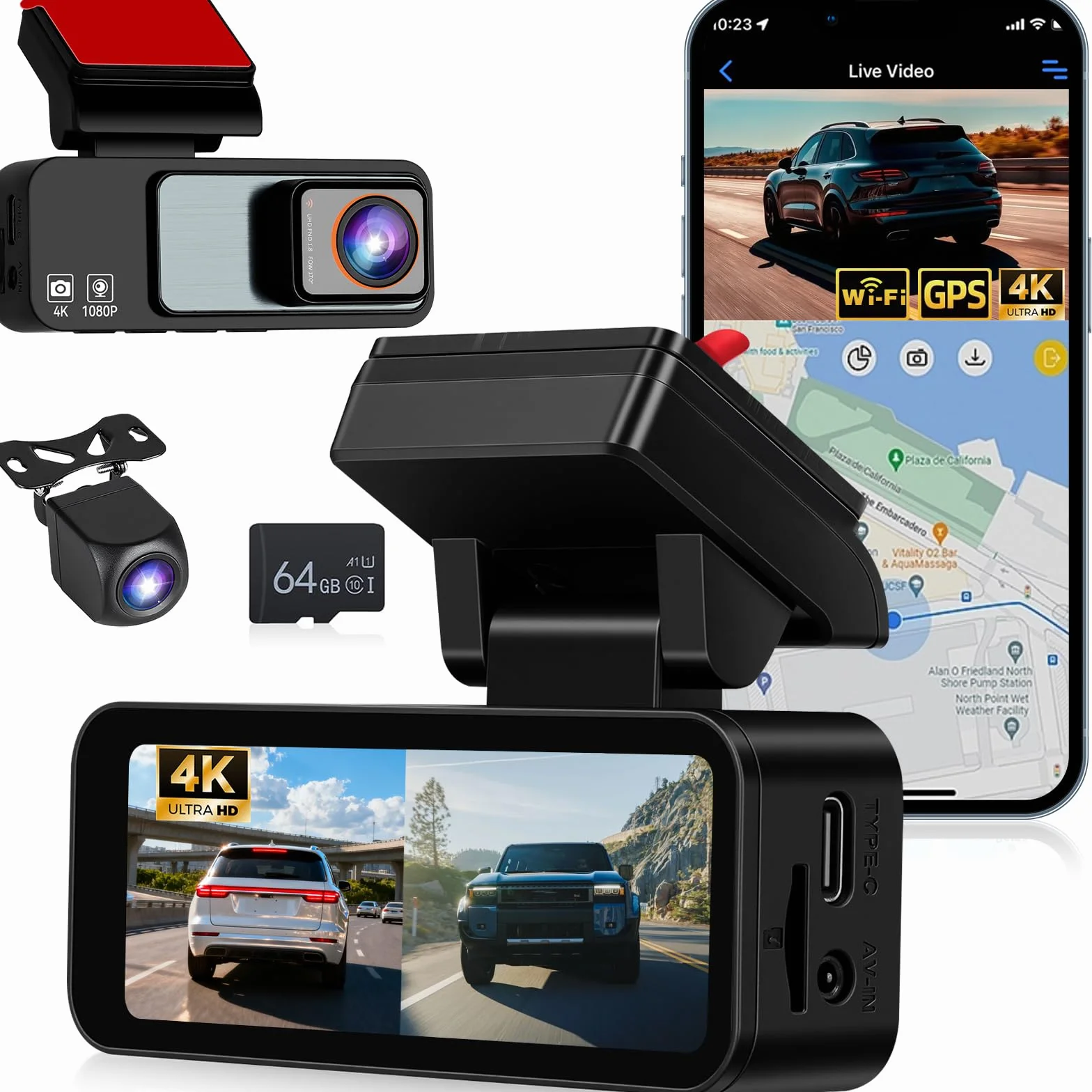 NHOPEEW Podwójna kamera na deskę rozdzielczą 4K z Wi-Fi i GPS, 3,16-calowa kamera samochodowa IPS z przodu 4K + tył 1080p, widoczność w nocy, nagrywanie w pętli, czujnik G, 24-godzinny tryb parkowania