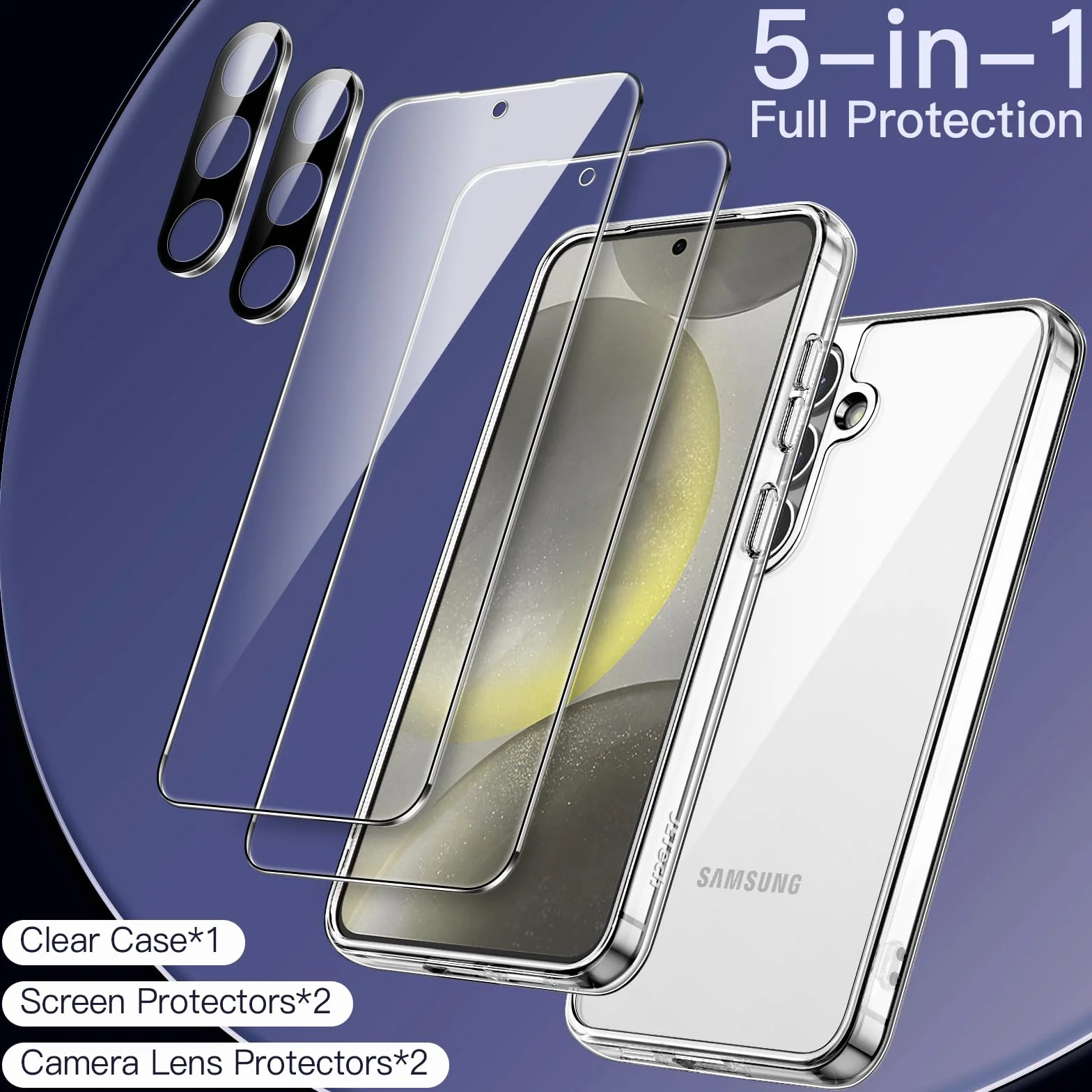 JETech Etui 5 w 1 dla Samsung Galaxy S24 5G, Szkło Hartowane Ochraniacz Ekranu i Osłona Obiektywu, Nieżółknącą Odporny na Wstrząsy Osłona (Przezroczyste)