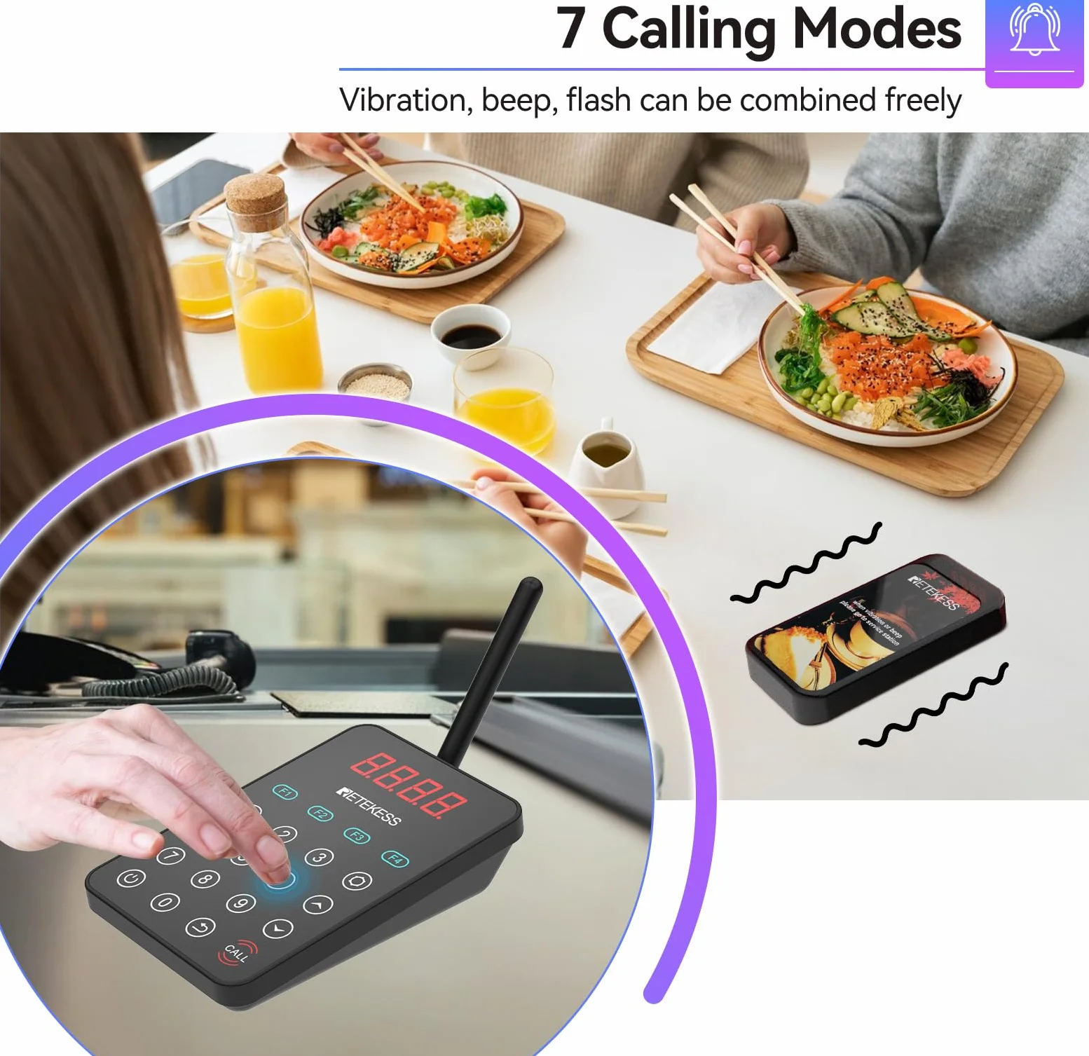 Retekess TD177 Bezprzewodowy System Przywoławczy, 10 Pagerów | do Restauracji, Food Trucków, 500M, Automatyczne Parowanie, Wodoodporność IP67, Funkcja Połączeń Grupowych