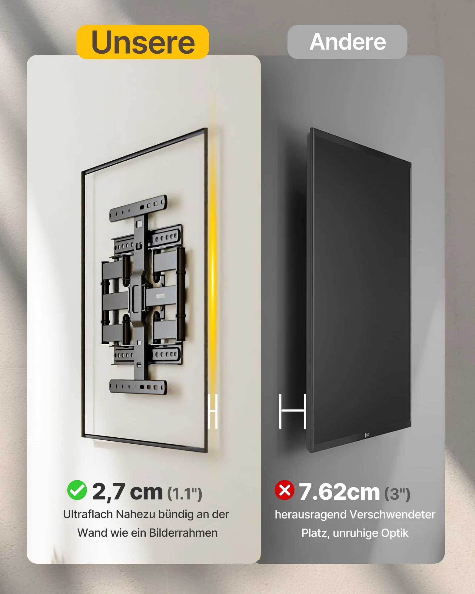 monTEK 1,1" Ultra Slim uchwyt ścienny do telewizorów 37-75" do 60 kg | Uchwyt TV wychylny, pochylany i wysuwany, niski profil, w pełni ruchomy, 4-krotny udźwig, maks. VESA 400 x 400 mm