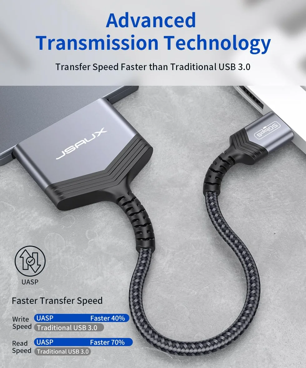 JSAUX Adapter SATA na USB do dysków twardych 2,5 cala SSD i HDD, USB 3.0 do SATA III, nylonowy kabel [obsługuje UASP], kompatybilny z Windows, MacOS, ChromeOS, Linux, szary