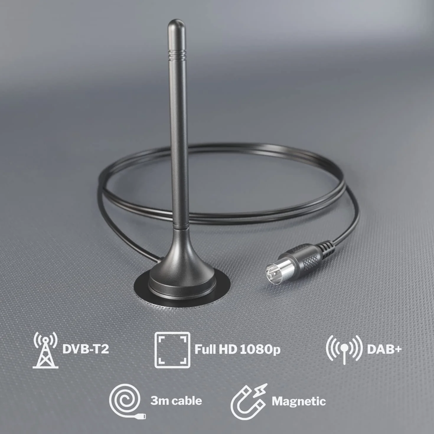 KabelDirekt – Antena DVB-T2 (DVB-T2 HD, odbiór sygnału cyfrowego wysokiej jakości, stabilna podstawa magnetyczna, przewód 3m do wszystkich odbiorników DVB-T, niewielka masa)
