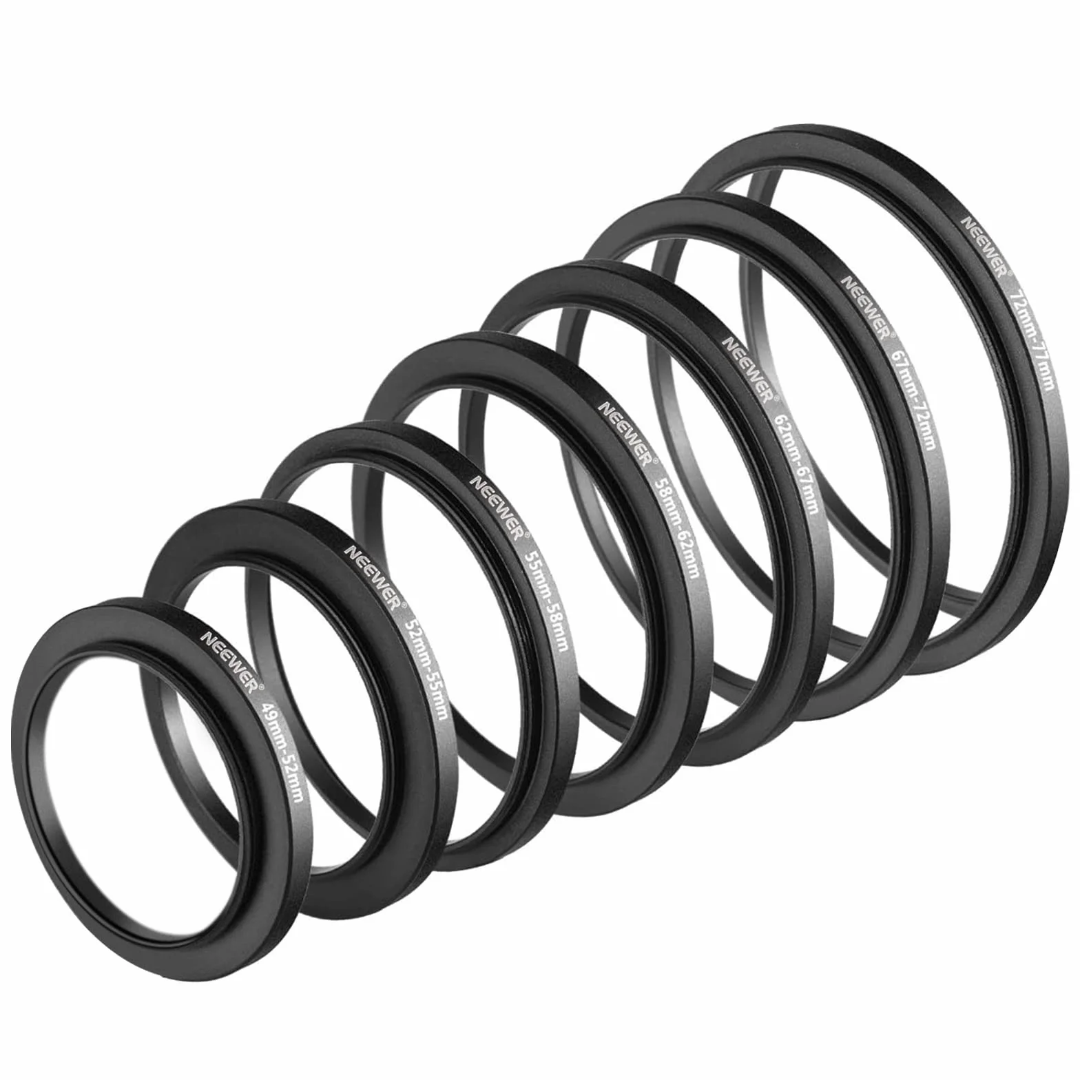 Neewer 7 szt. 49 mm - 77 mm filtry pierścienie stopniowe zestaw adapterów krokowych (49-52-55-58-62-67-72-77 mm)