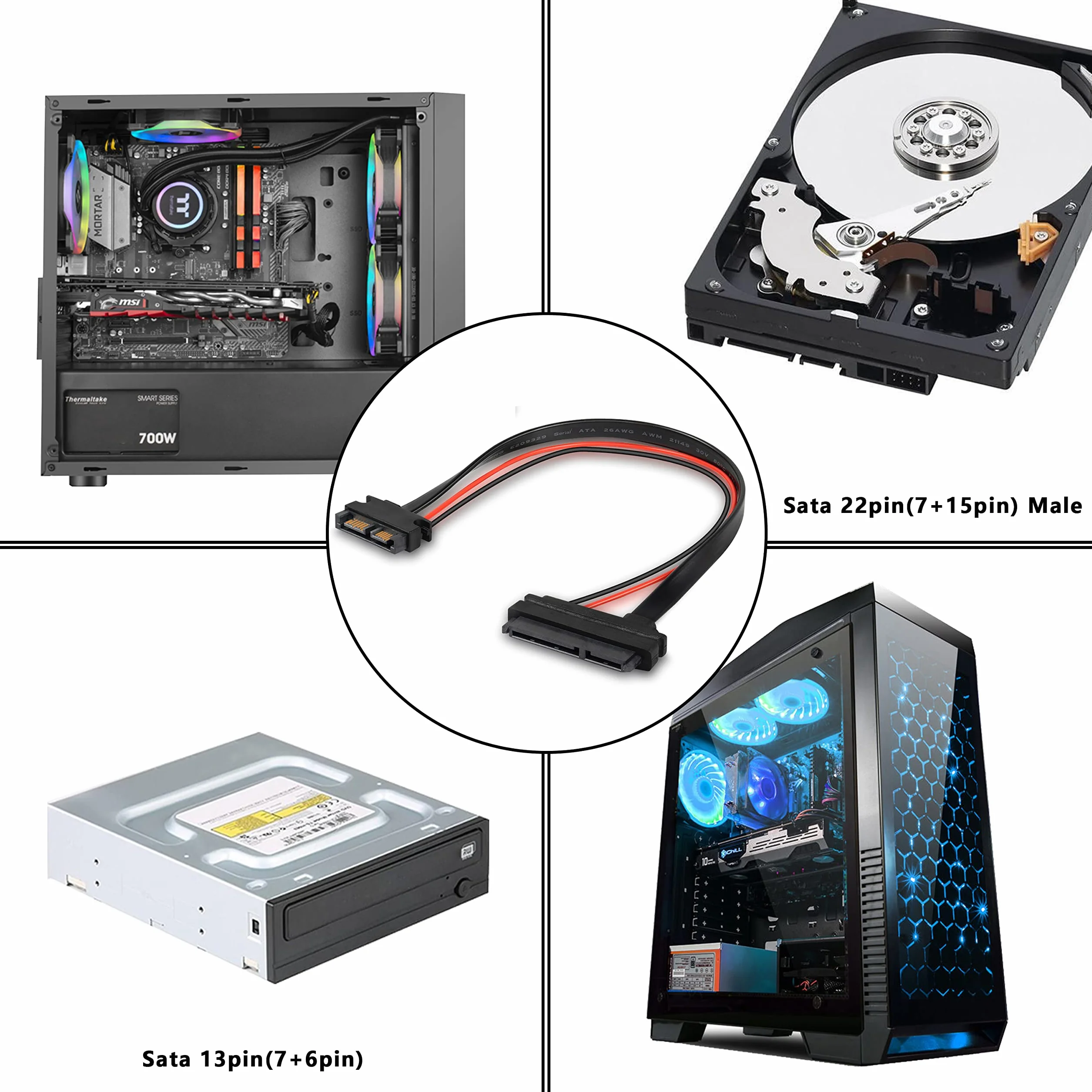 Slimline SATA 13-biegunowa wtyczka na 22-stykowe gniazdo SATA, adapter kablowy, Slimline Serial ATA 7+6-biegunowy na SATA 7+15-biegunowe złącze przedłużające do 2,5-calowego HDD, SSD i laptopa CD-ROM