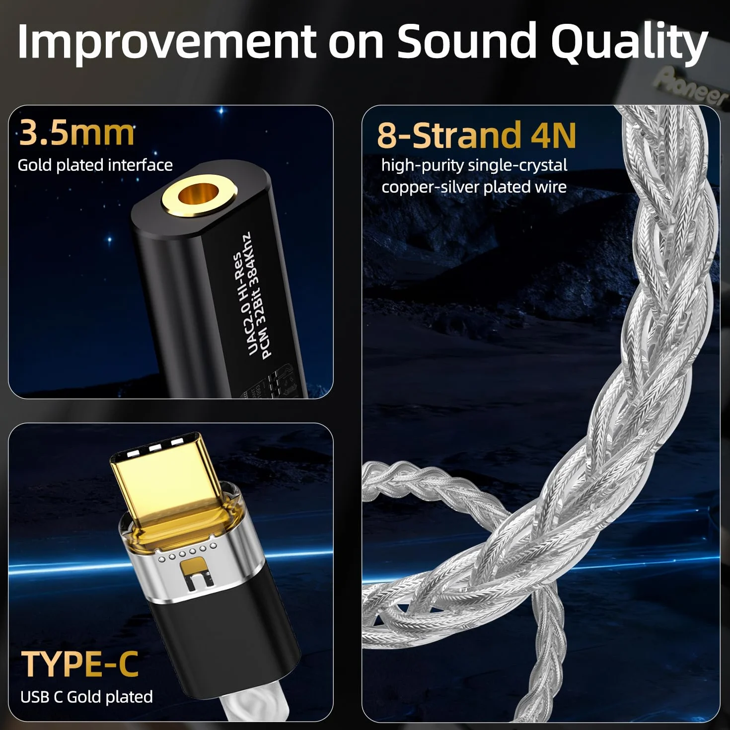Adapter słuchawkowy USB C na 3,5 mm DAC z podwójnym chipem CX31993 i MAX97220, przenośny wzmacniacz dekodowania Hi-Res 32-bitowy/384 kHz z posrebrzanym kablem OCC do słuchawek iPhone, Android, Mac