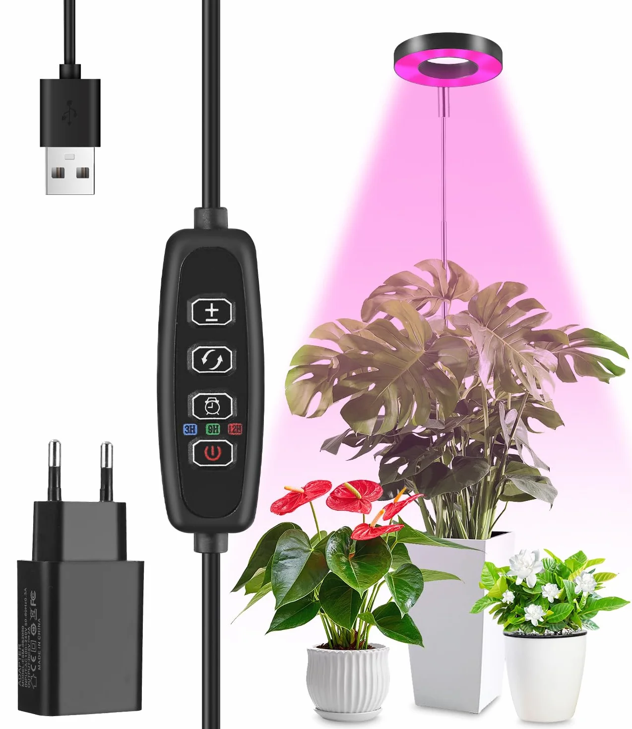Lampa LED, pełne spektrum światła do roślin pokojowych, 3 tryby świecenia i 10 jasności, regulowana wysokość LED, lampa do wzrostu roślin z programatorem czasowym 3/9/12 h z adapterem USB