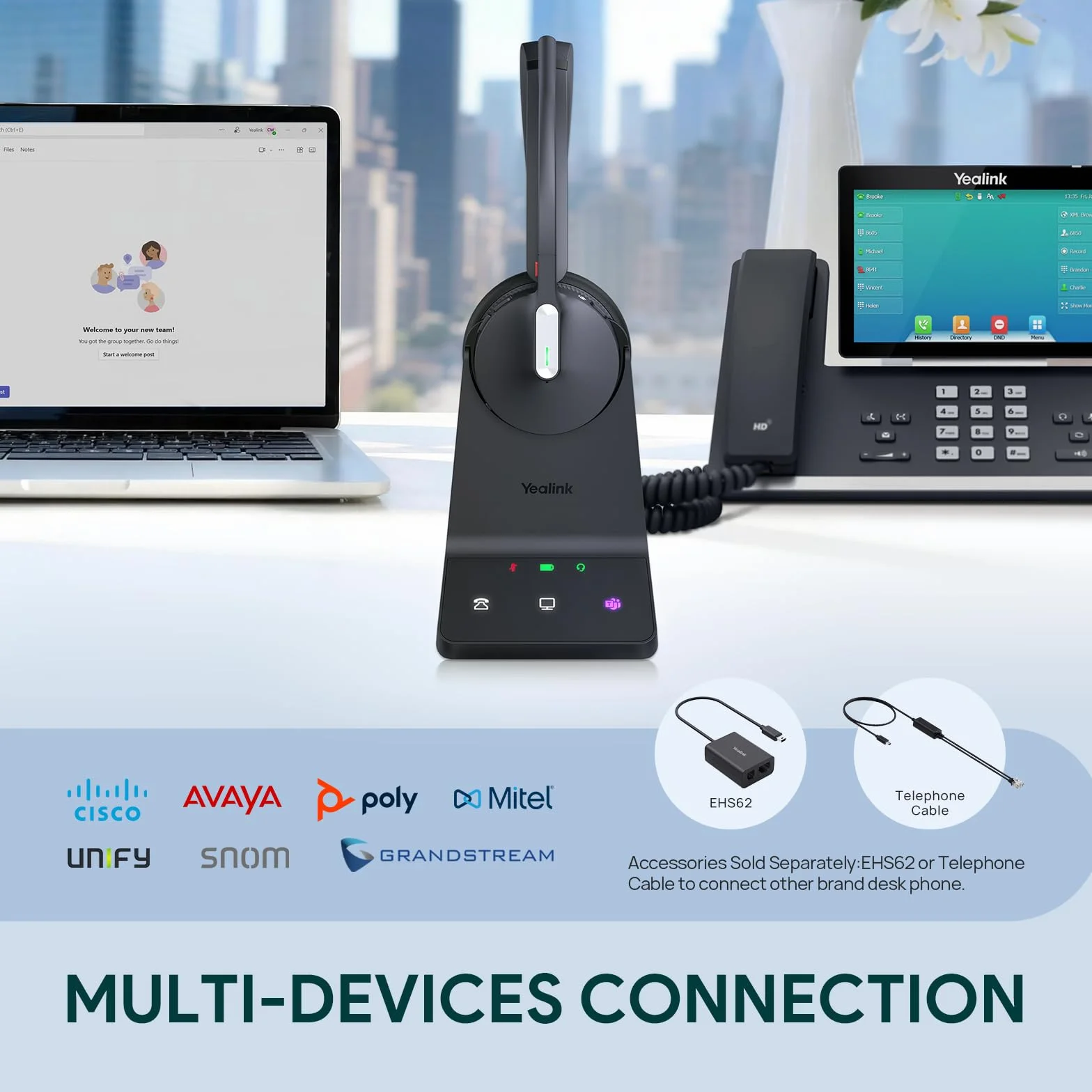 Yealink DECT & Bluetooth bezprzewodowy zestaw słuchawkowy WH64 Mono, zasięg 185 m, 3 mikrofony, redukcja szumów, akumulator 26 h, do telefonu stacjonarnego, telefonu stacjonarnego, telefonu IP