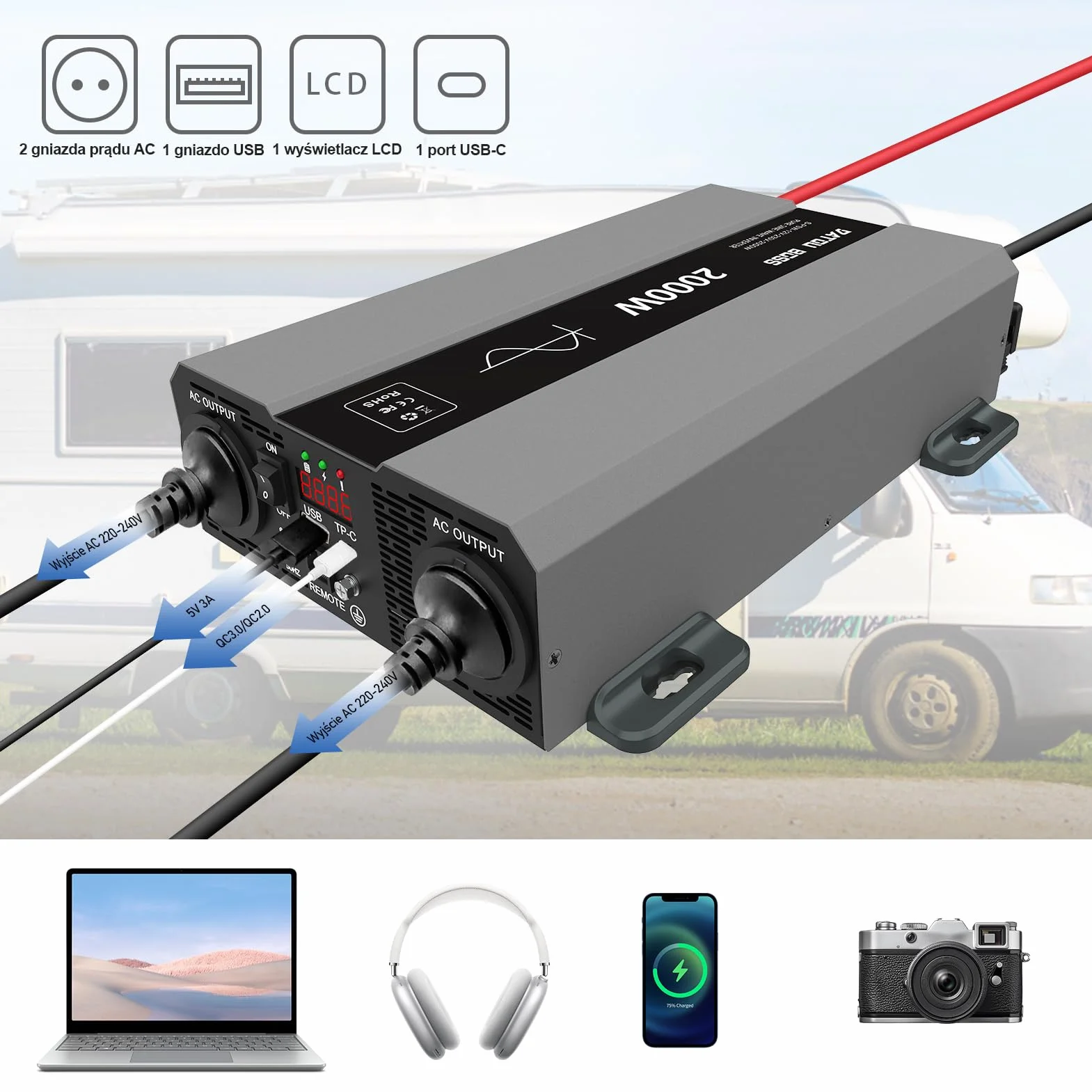 DATOUBOSS Przetwornica 12v 220v/230v Czysty Sinus 2000w, Konwerter Samochodowy Falownik Z 2 Gniazdami Eu, Wyjściem USB/USB-C I Wyświetlaczem LCD, Do Samochodów Kempingowych, Ciężarówek, Kempingów