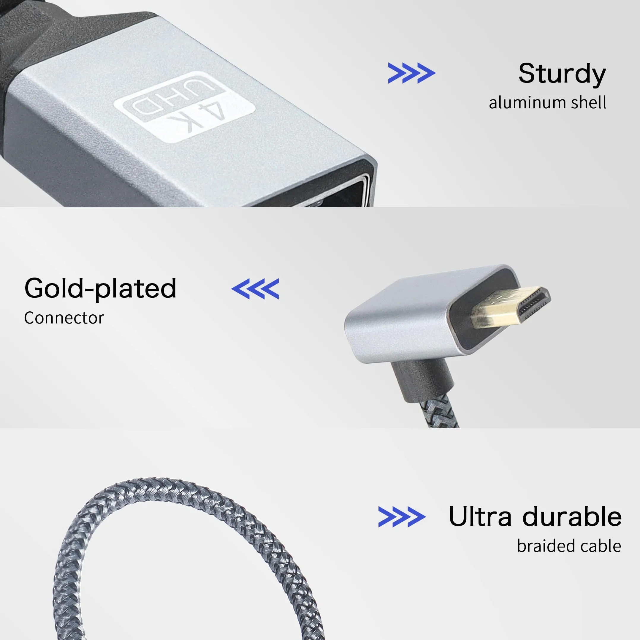 Kabel Przejściowy 4K Micro HDTV na HDTV, Kąt 90 Stopni, Aluminiowy, Krótki Nylonowy Pleciony, Obsługa 4K UHD, Do Laptopa, Telewizora, Kamery (20
