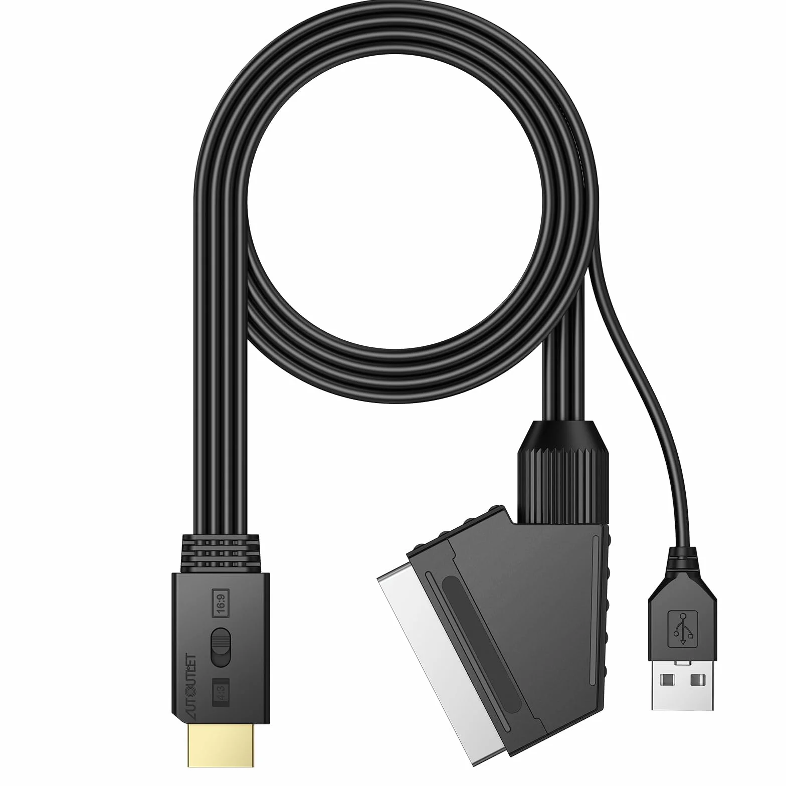 AUTOUTLET Konwerter Scart na HDMI, konwersja 16:9/4:3 i PAL/NTSC, 1080p SCART na HDMI adapter z 150 cm męski zintegrowany kabel, adapter wideo konwerter audio do HDTV, VCR, VHS, DVD