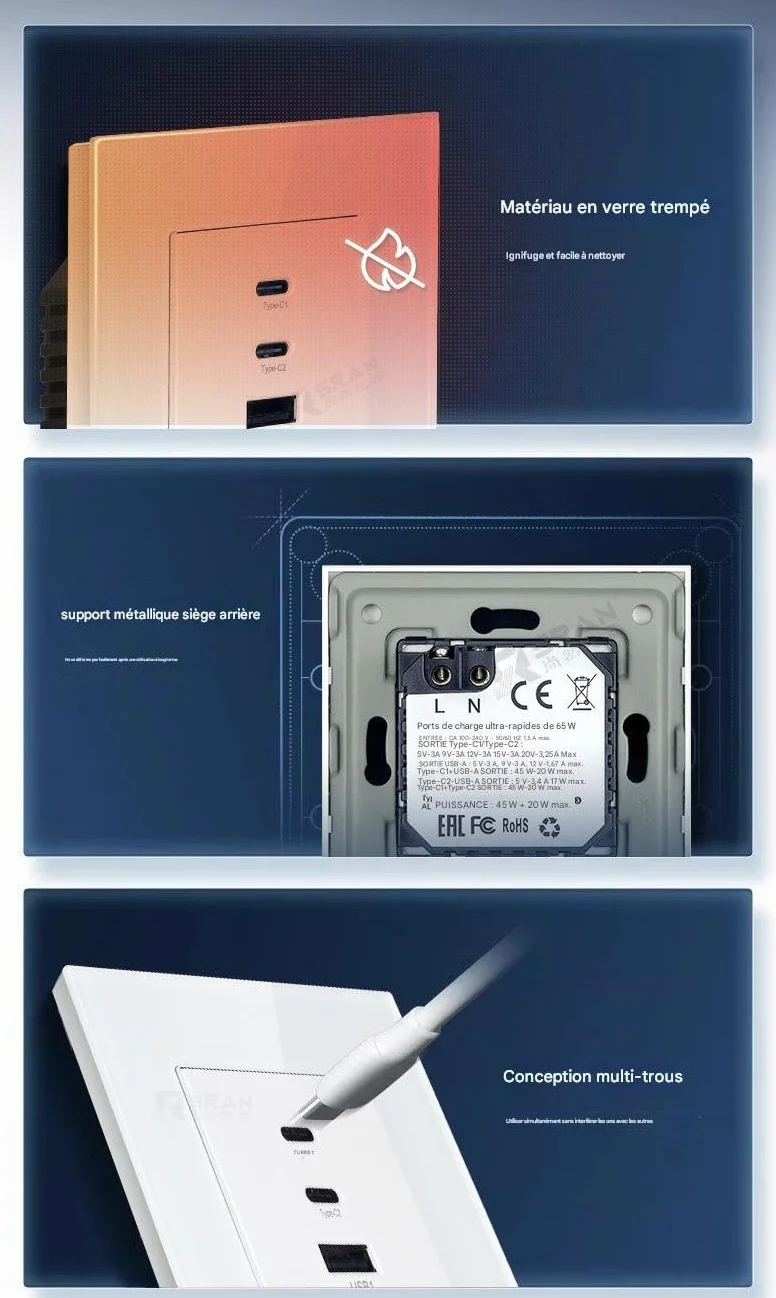 GaN Panel ze szkła hartowanego 3 w 1 65 W ultraszybkie ładowanie Gniazdko ścienne typu 86 Typ-C USB Ładowarka do telefonu komórkowego do komputera Opakowanie 5 szt
