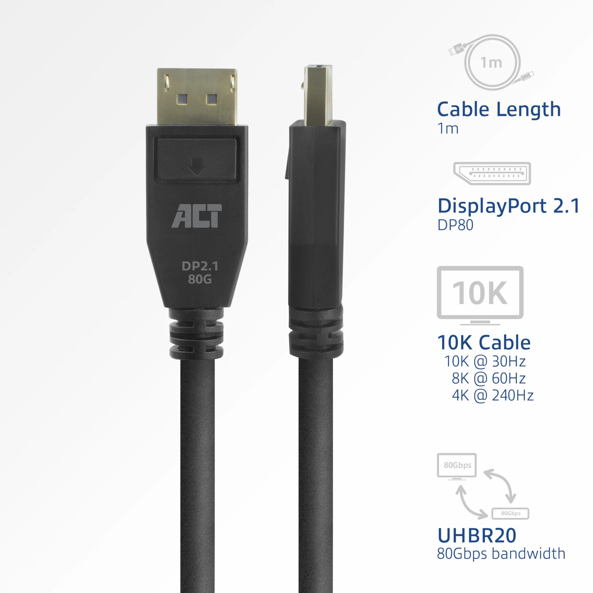 ACT DisplayPort 2.1 kabel, 1 m, UHBR20 80 Gb/s, obsługuje 10K @ 30 Hz/8K 60 Hz/4K 240 Hz, czarny - AK4081