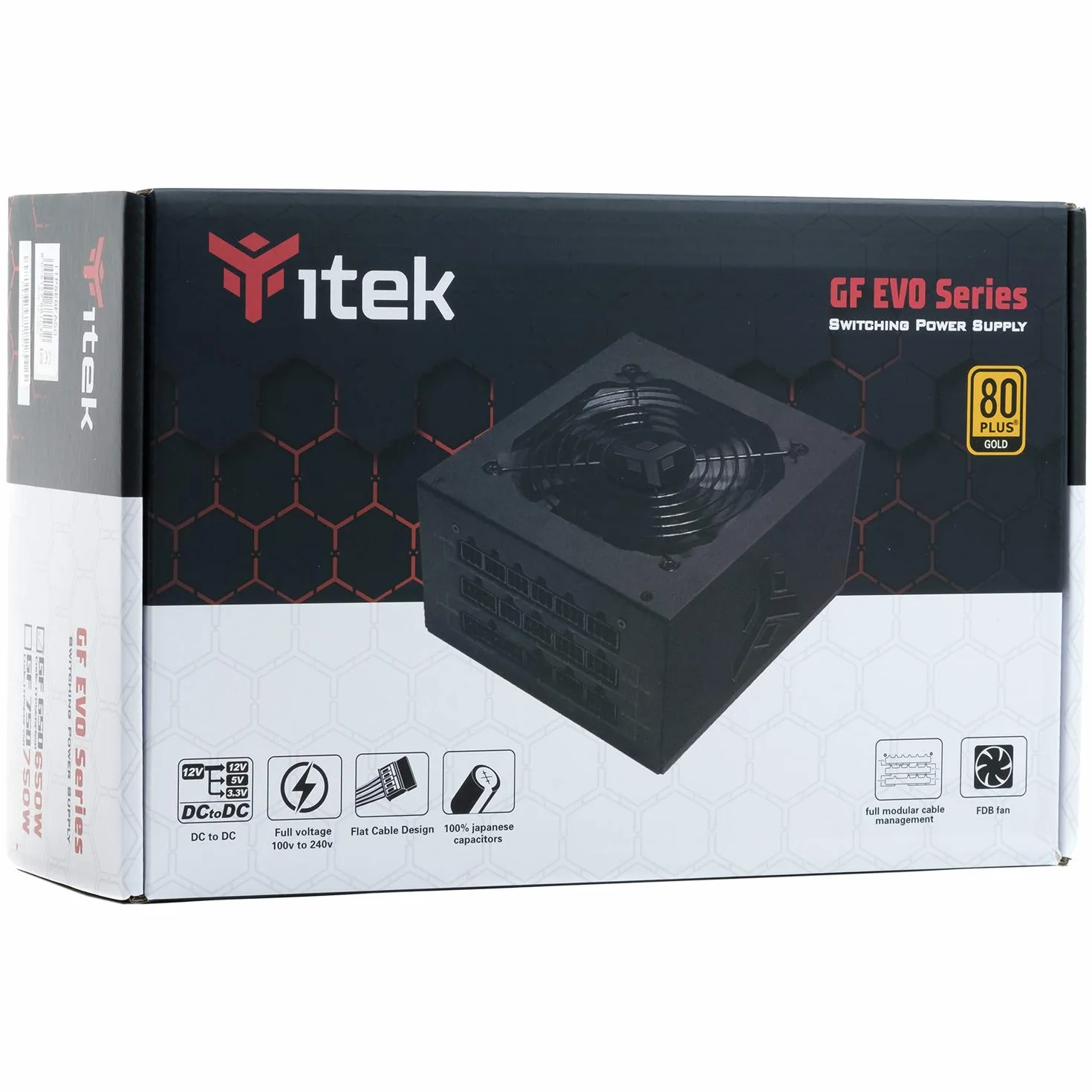 iTek do PC GF650 EVO – 650 W, HDB Hydraulic Dynamic Bearing 12 mm, aktywna ochrona PFC, certyfikat wydajności 80 Plus Gold, półmodułowa Free Plug, kondensatory Giapp, ITPSEGF650