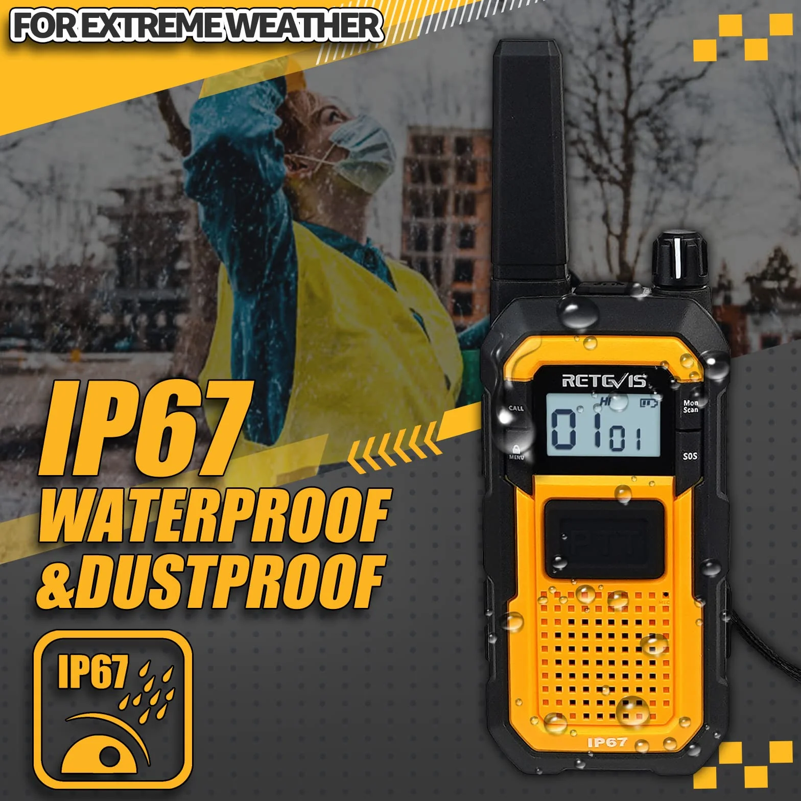 Retevis RB648 Heavy Duty Walkie Talkie, Wodoodporne Dwukierunkowe Radio IP67, Podwójny PTT, 2000 mAh, Awaryjne Krótkofalówki dla Dorosłych na Plac Budowy(2 Szt, Żółty)