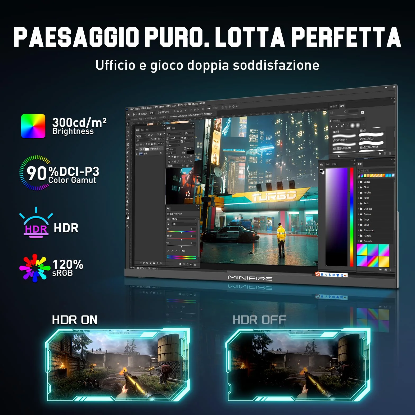 Minifire Monitor gamingowy 24,5", 300 Hz, 1Ms, FHD 1080P, bezramkowy ekran, FreeSync, panel IPS, HDR Ready, sRGB 120%, Eye-Care, HDMI 2.1 i DisplayPort 1.4, VESA 75 x 75 -czarny