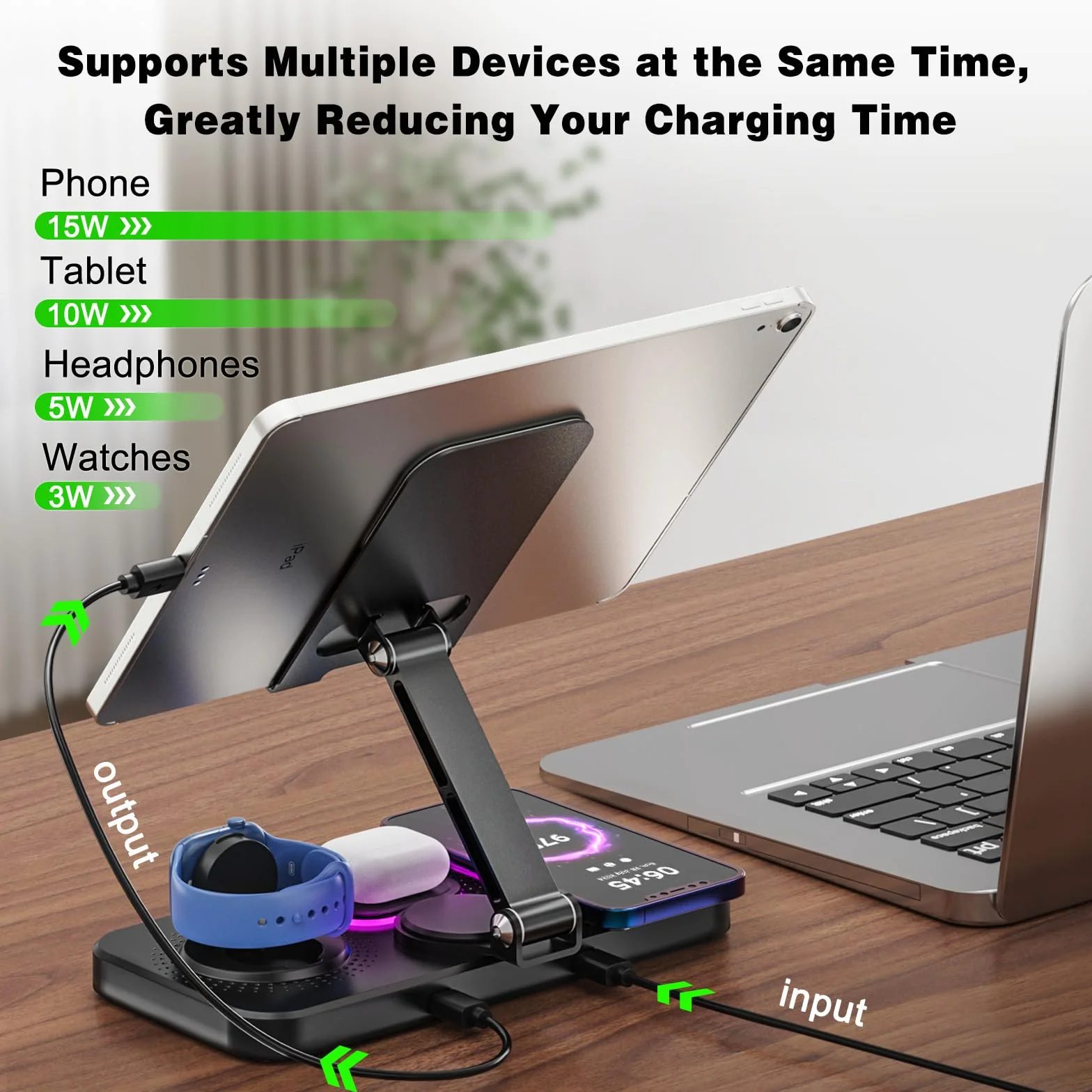 Bezprzewodowa stacja ładująca 4 w 1 do iPhone'a, regulowany stojak na tablet biurkowy z lampką nocną LED, składany stołowy uchwyt na iPada Pro Air Mini, tablety i telefony 10,16 cm-39,62 cm