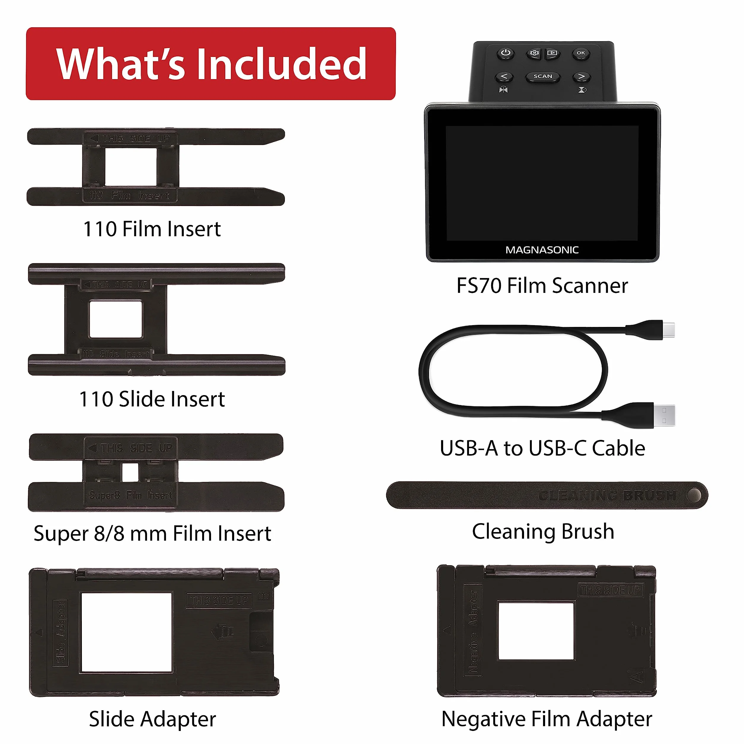 Skaner do filmów Magnasonic All-in-One 25MP z dużym wyświetlaczem 5" i HDMI – konwertuje klisze 35mm/126/110/Super 8 i slajdy 135/126/110 na zdjęcia cyfrowe, wbudowana pamięć