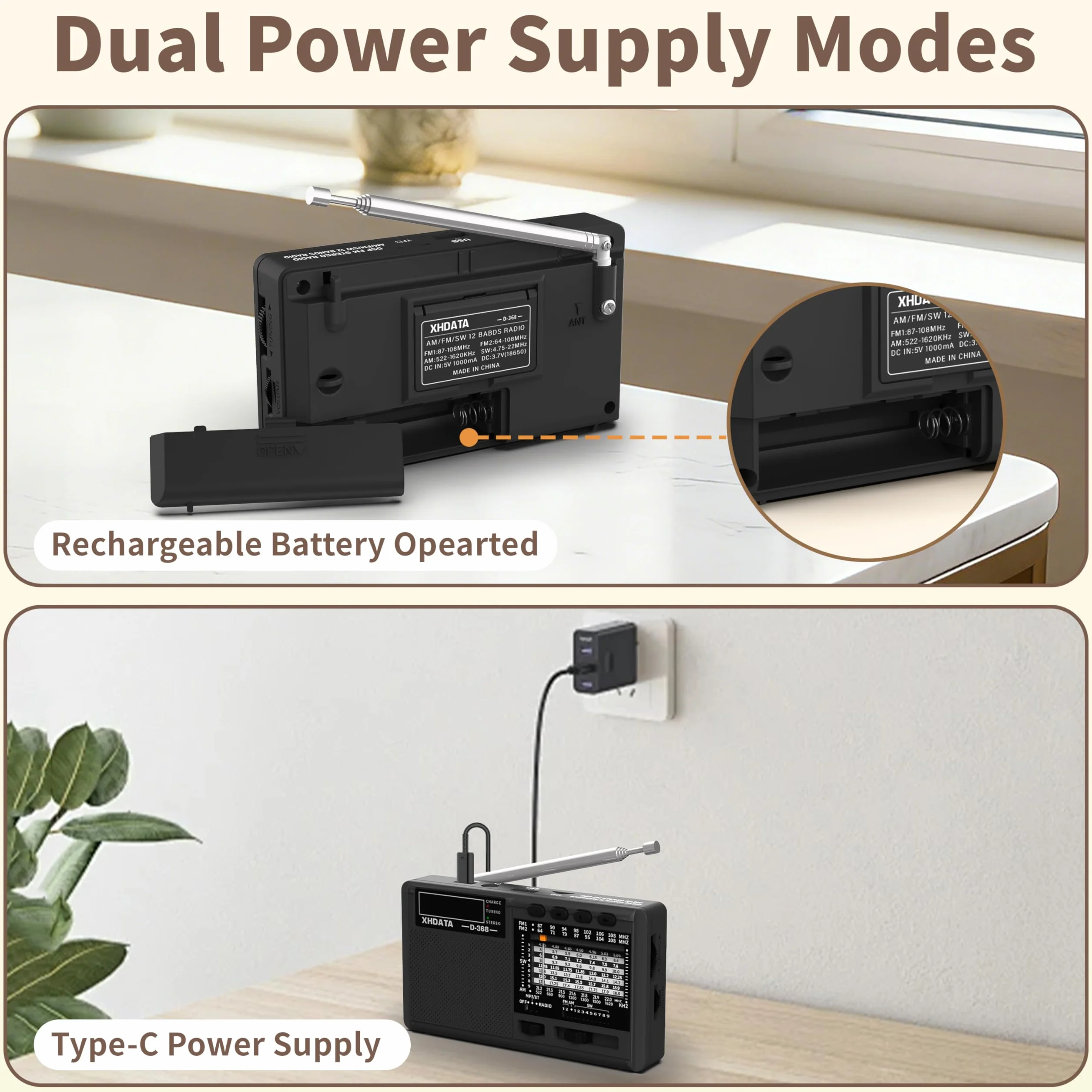 XHDATA D368 Przenośne Radio Tranzystorowe Kompaktowe FM/AM(MW)/SW Mini Z Bluetooth USB TF Na Baterie