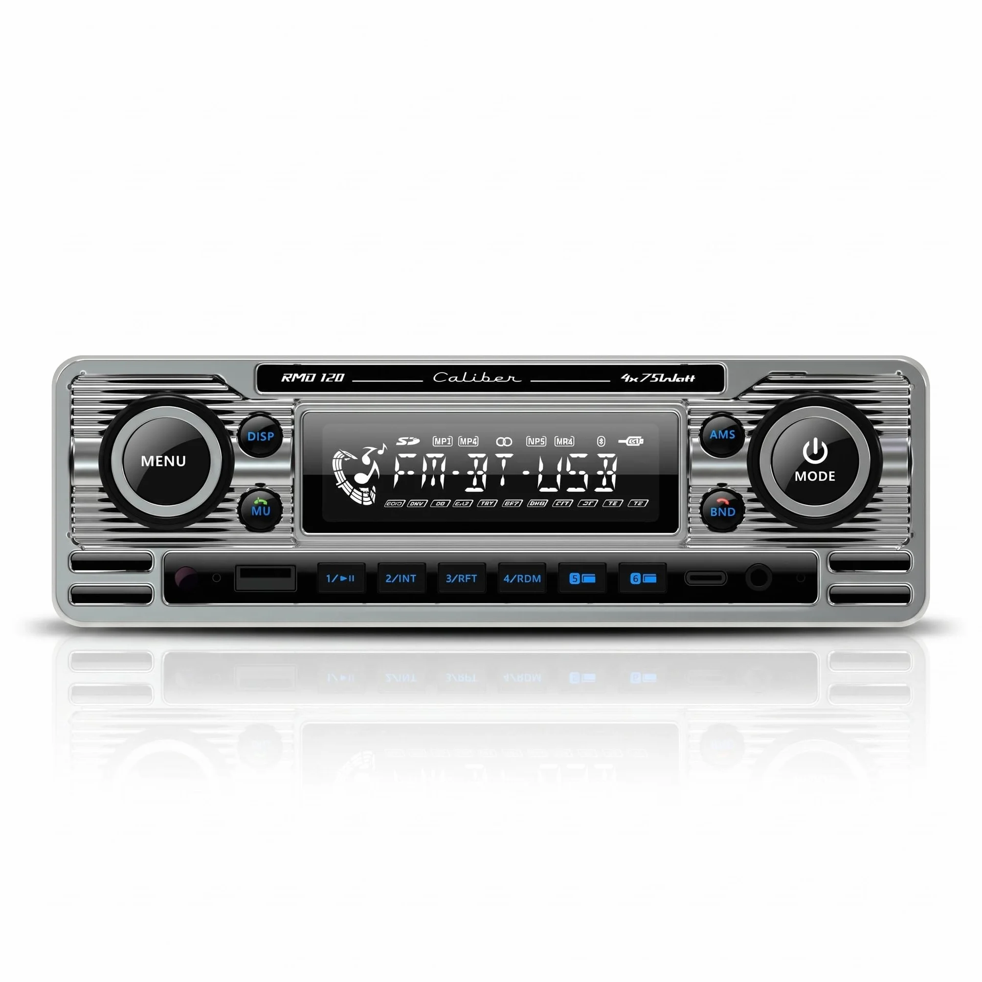 Caliber Radio samochodowe w stylu retro – radio samochodowe Bluetooth USB – FM – 1 DIN radio samochodowe – radio samochodowe z zestawem głośnomówiącym Bluetooth – chrom