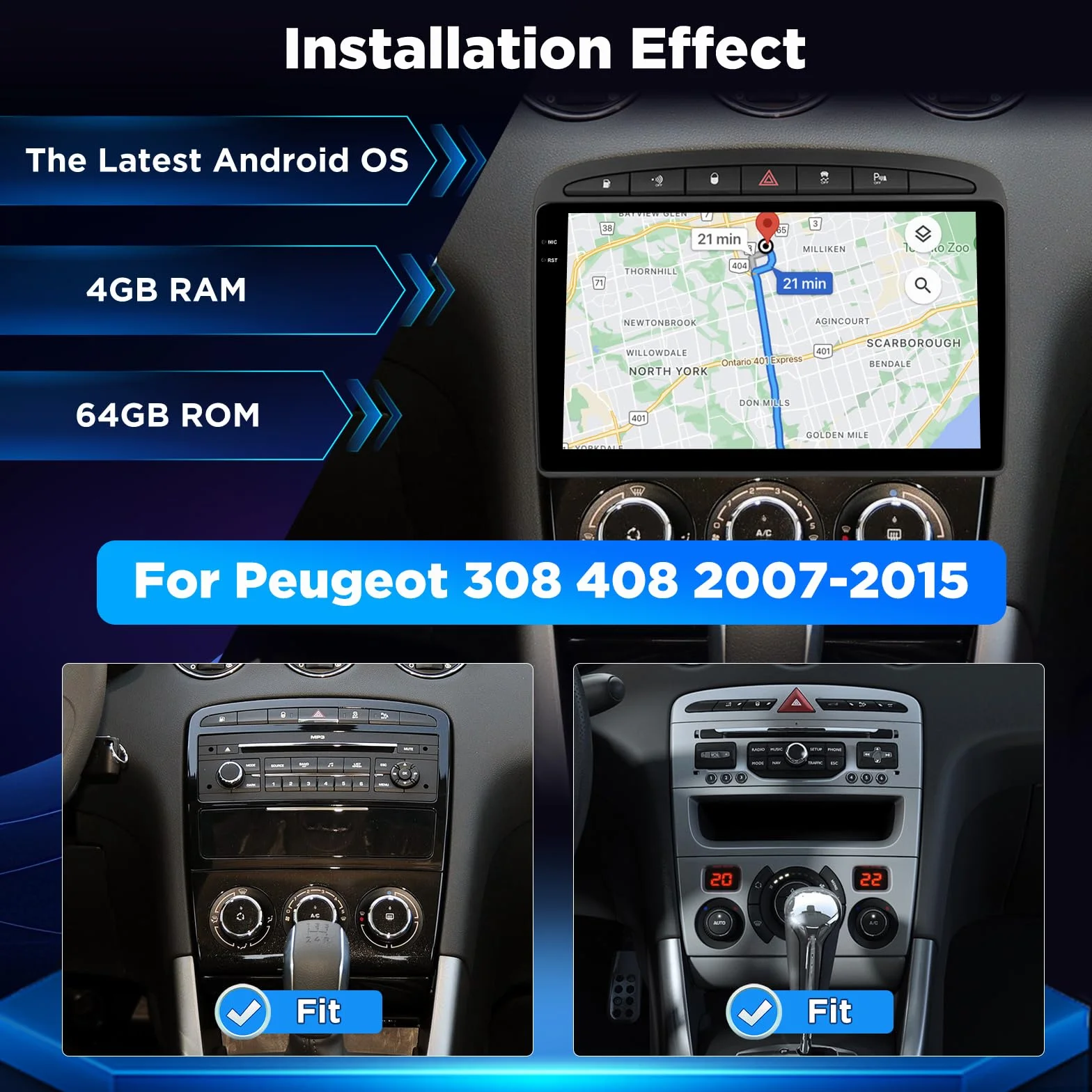 Radio samochodowe 4+64G do Peugeot 308 408 2007-2015, Android Radio z ekranem dotykowym z bezprzewodowym CarPlay i Android Auto, GPS Wi‑Fi Bluetooth, aktualizacja Plug & Play + kamera cofania
