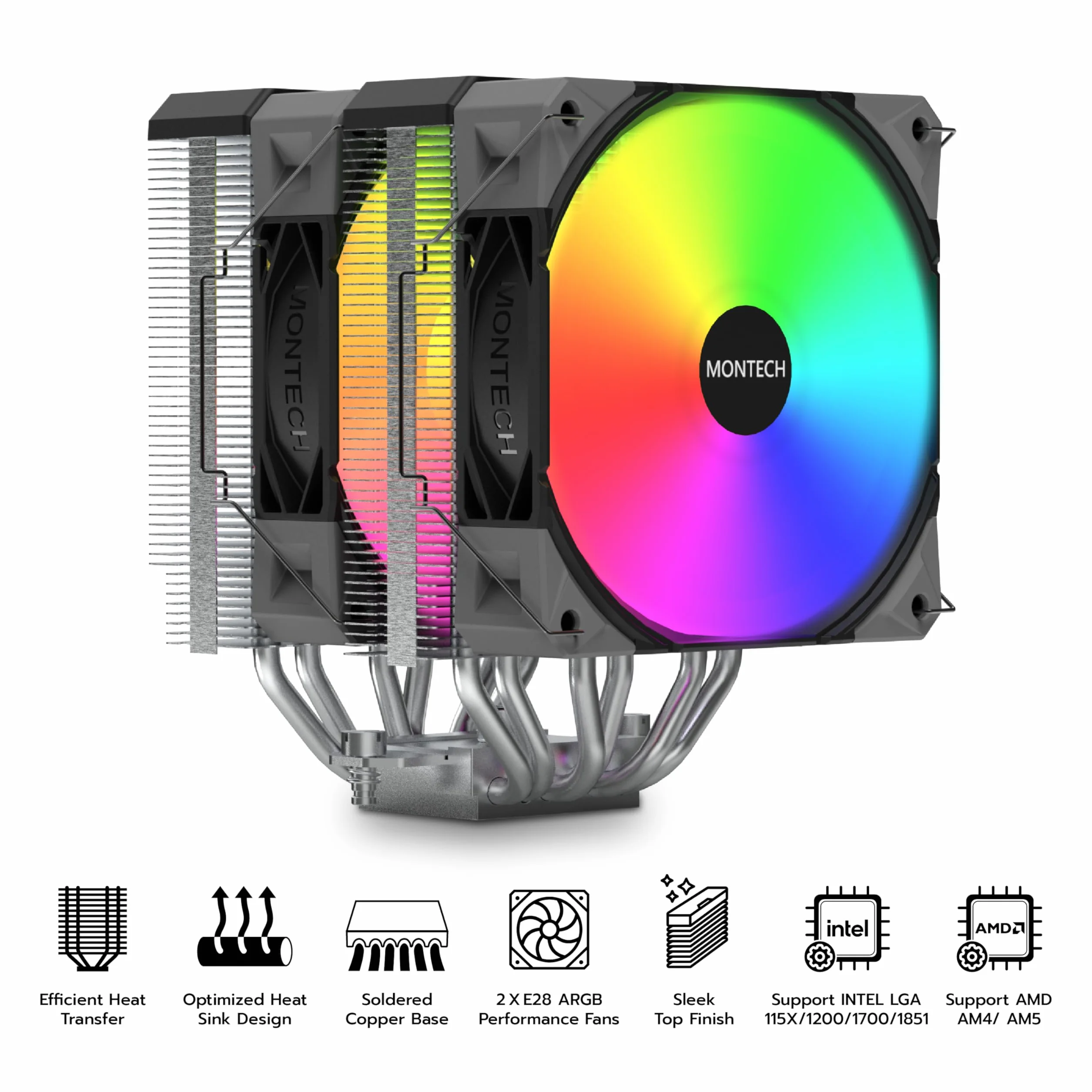MONTECH NX600 ARGB Dual-Tower chłodziarka powietrza procesora z 6 rurami grzewczymi i górną pokrywą premium, wentylator premium 28 mm E28 ARGB, lutowana miedziana podstawa, doskonałe rozpraszanie