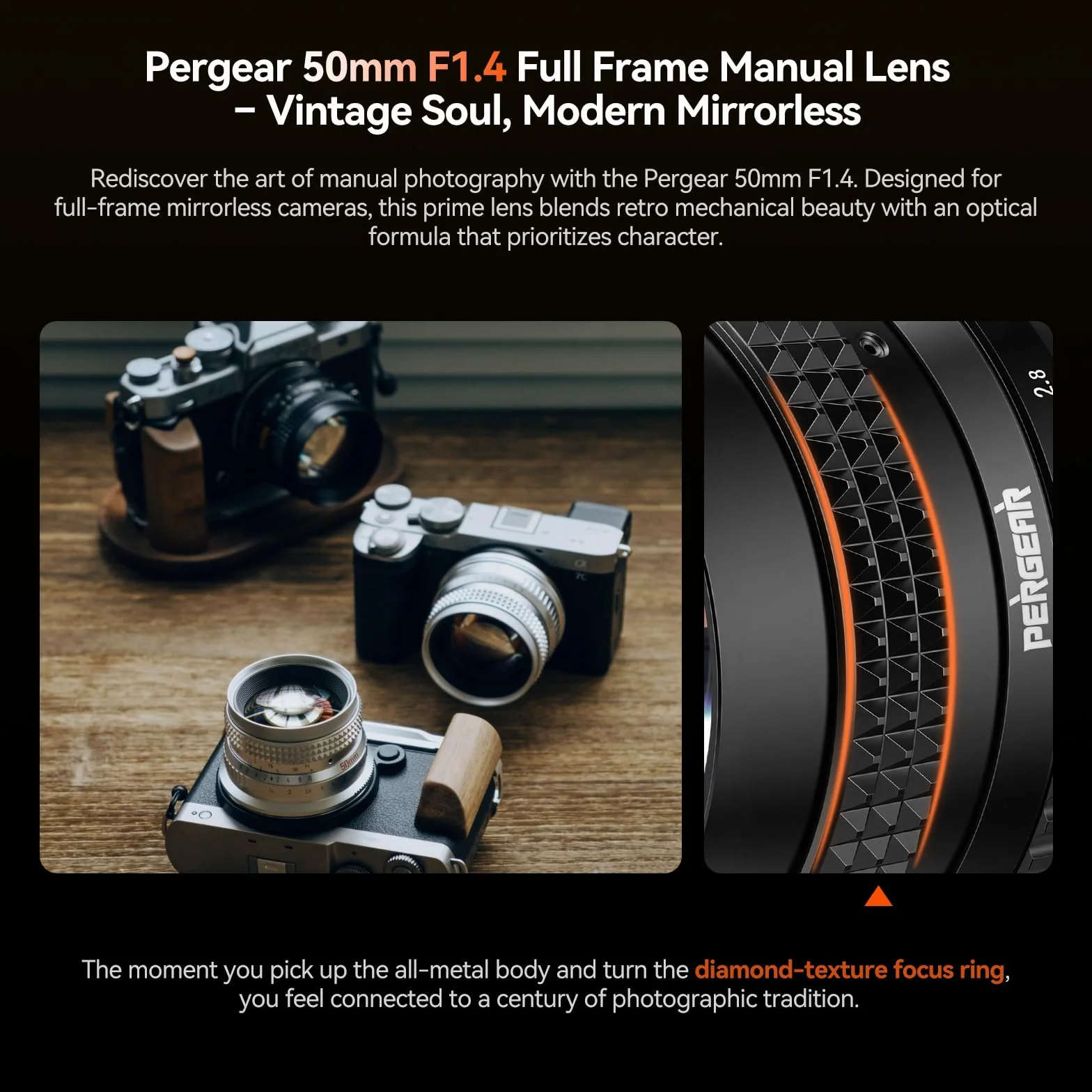 PERGEAR Obiektyw F1.4 50 mm F1.4 z ręcznym ustawianiem ostrości do kamer Nikon Z-Mount, jasny obiektyw portretowy do zdjęć podobnych do filmów, kąt widzenia 46°, kompaktowy i lekki, delikatny bokeh
