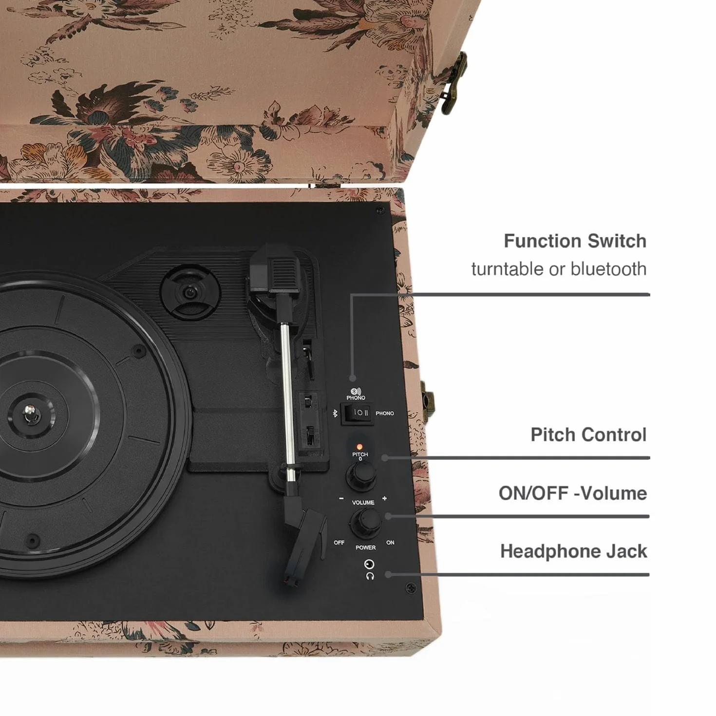 Crosley Voyager gramofon z 2 głośnikami, Bluetooth In&Out i AUX - 3-biegowy odtwarzacz Vintage - do płyt winylowych o przekątnej 7", 10" i 12", przenośny z wbudowaną obudową (kwiatowy)
