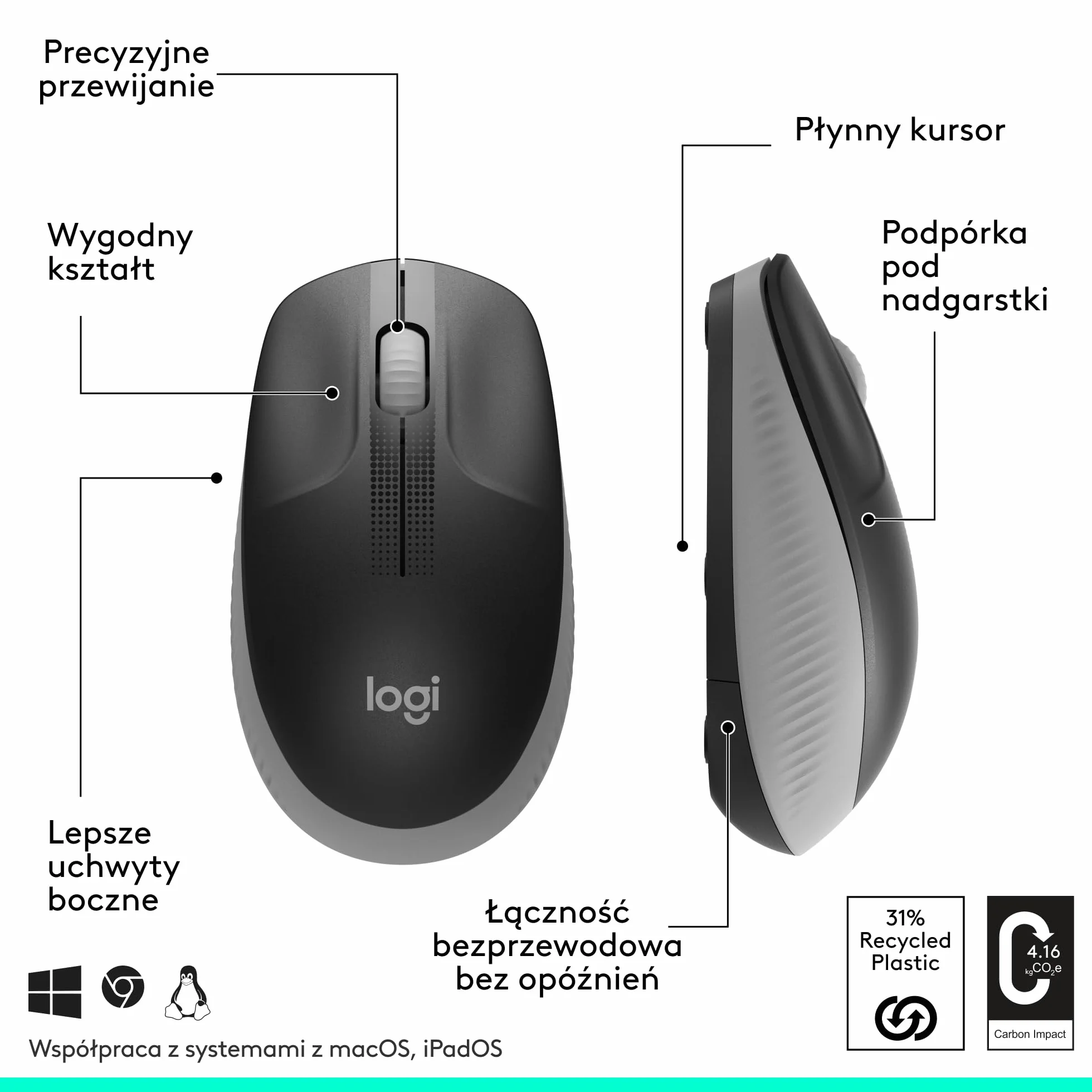 Logitech M190 Bezprzewodowa mysz duża oburęczna szara
