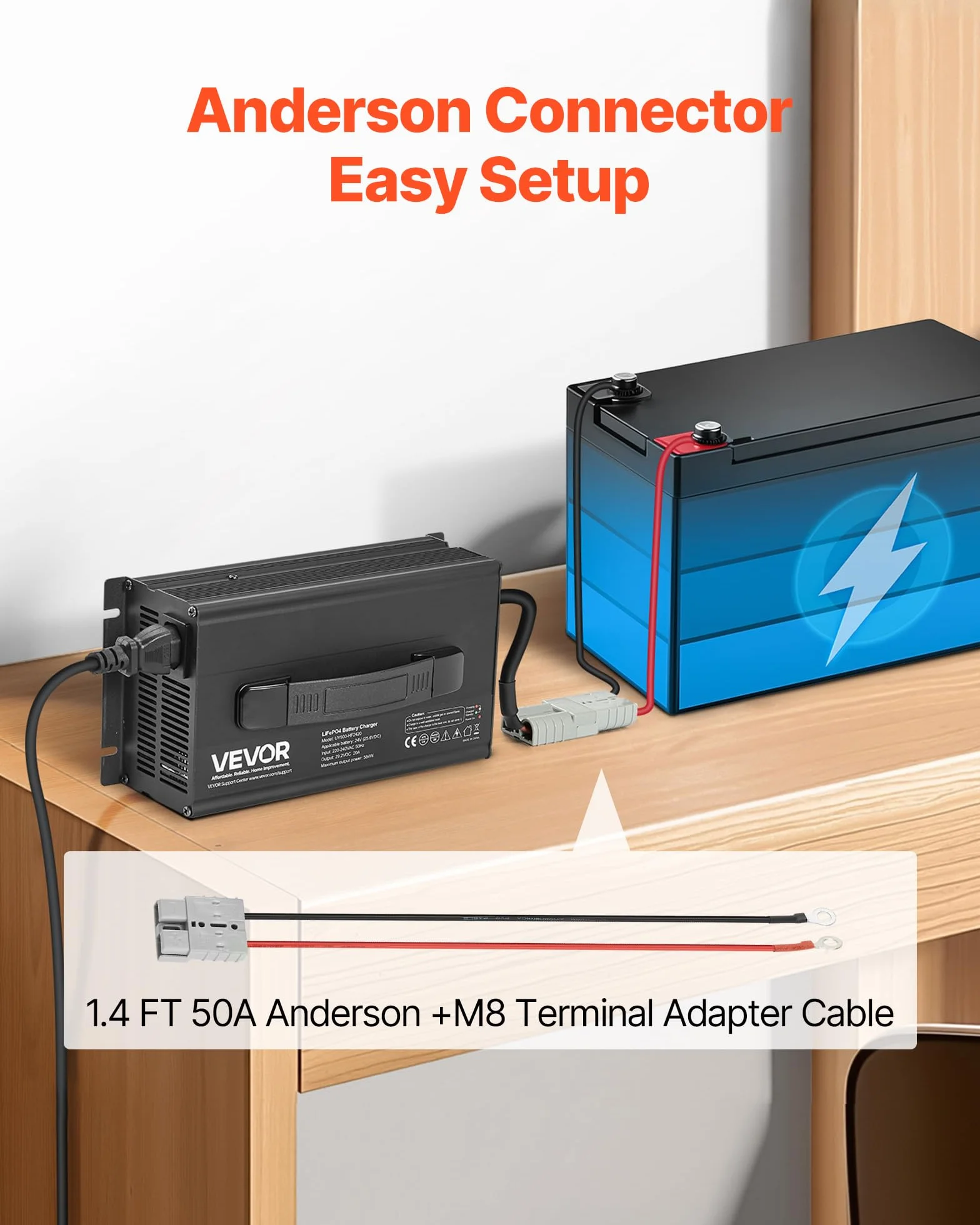VEVOR Ładowarka do akumulatorów litowych 24 V 20 A, 29,2 V, DC napięcie ładowania, ze złączem Anderson, wskaźnik LED, aktywacja 0 V, do akumulatorów litowych LiFePO4-Deep Cycle do łodzi, kamperów