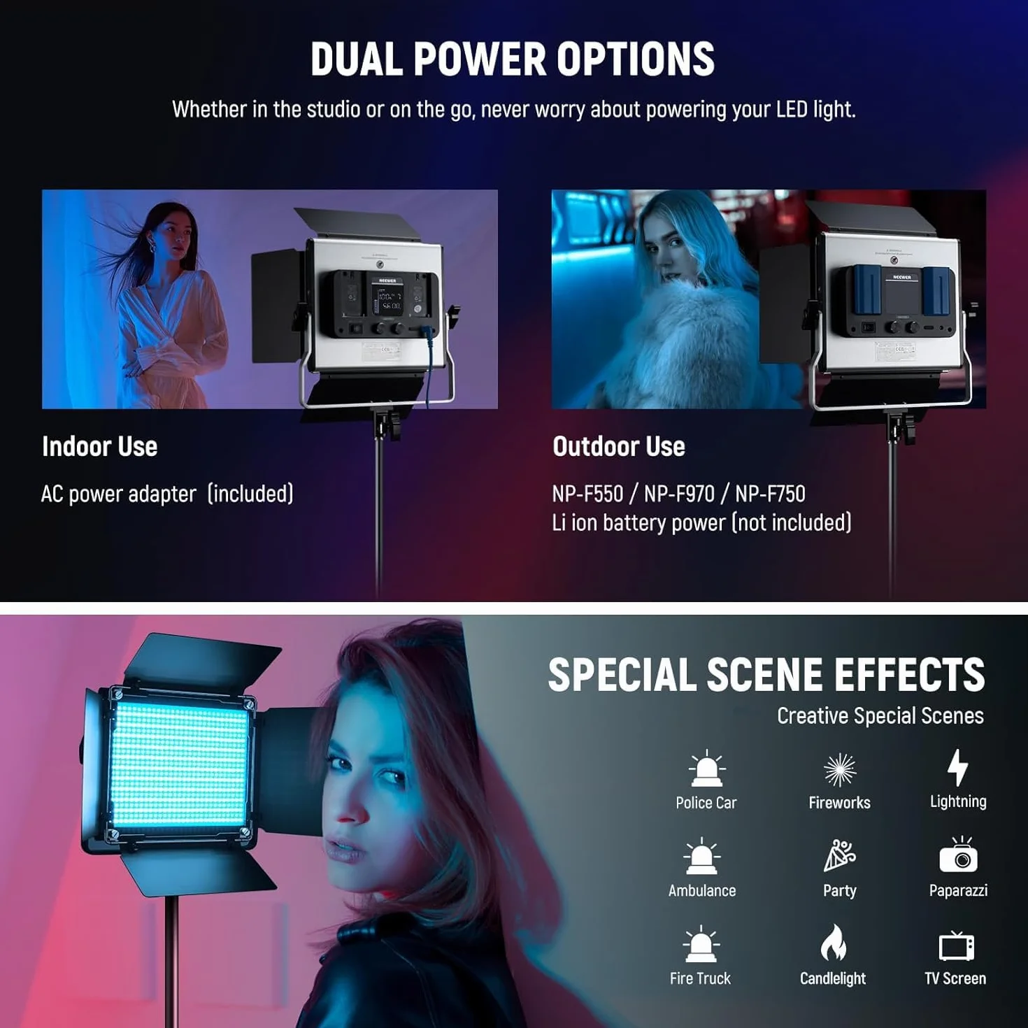NEEWER Ulepszona lampa studyjna LED RGB ze statywem, sterowana aplikacją, 50 W, 7000 lumenów, IRC97 + 3200-5600K, ściemniany panel fotograficzny, zestaw oświetleniowy, RGB660 Pro II