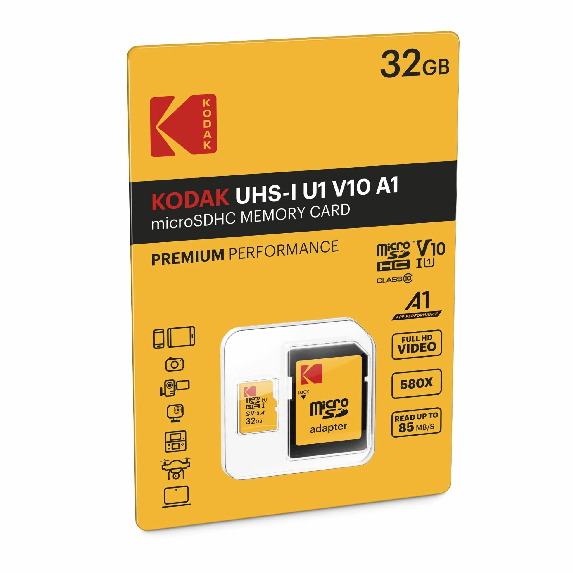 Kodak EKMSDM32GHC10K Premium karta pamięci microSDHC, wysoka prędkość, adapter SD UHS-I, U1, do 85 MB/s.