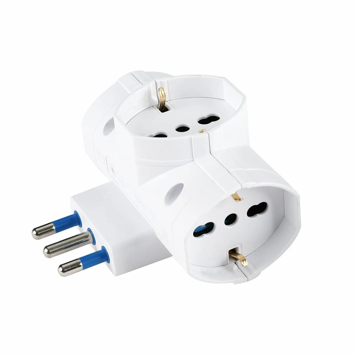 Potrójny adapter podróżny z wtyczką kątową 16A i 3 gniazdami uniwersalnymi 10A/16A Bipasso/Schuko, Max 250V 1500W, gniazdo 3 w 1 (10)