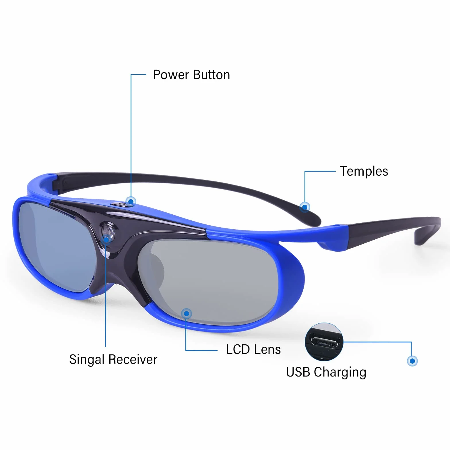 Okulary 3D, aktywna migawka DLP Link, okulary do ponownego ładowania 3D DLP Link Projektor BenQ Optoma Viewsonic Acer Philips LG Infocus NEC Jmgo Vivitek Cocar Toumei Beamer - niebieskie, 2 sztuki