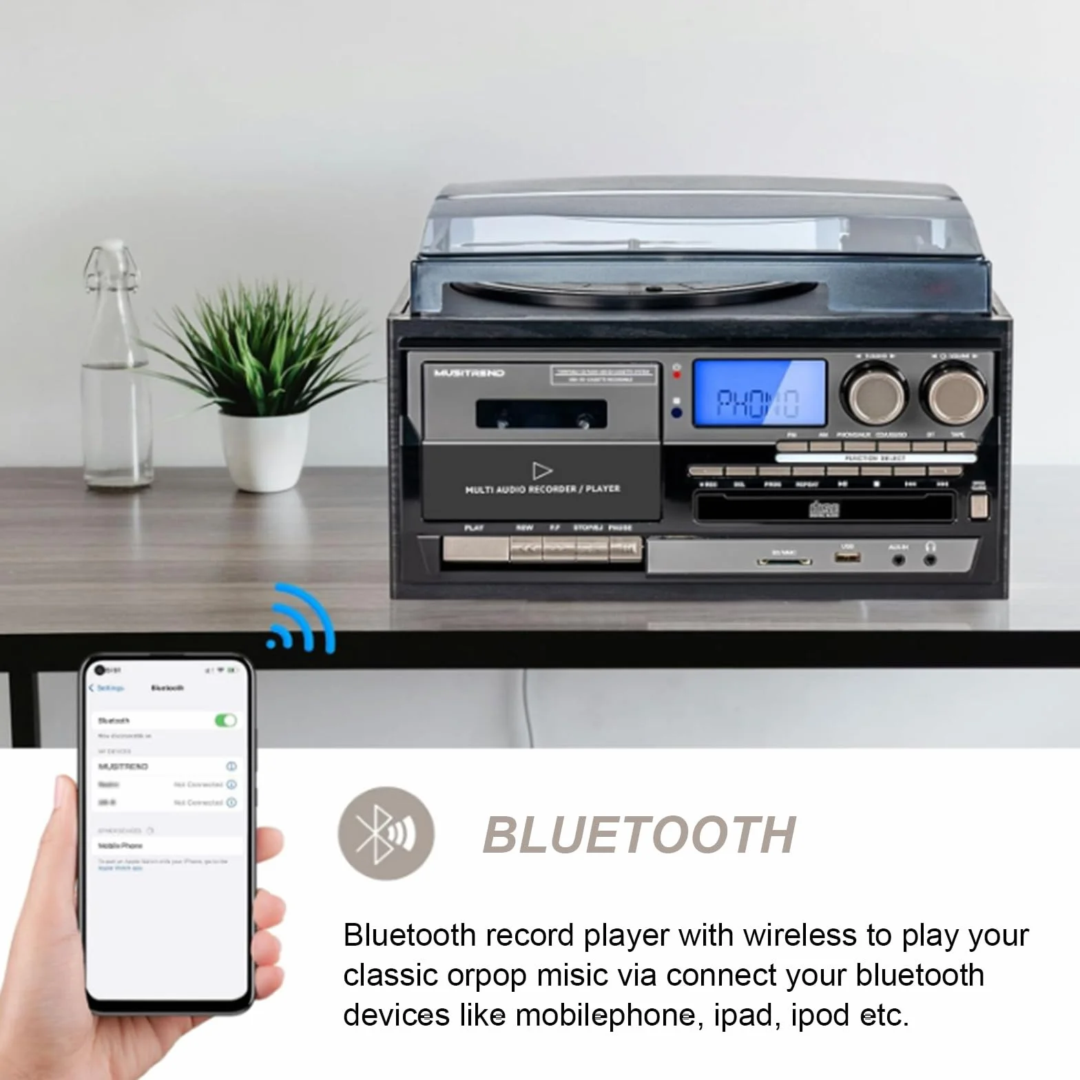 Gramofon gramofonowy z radiem AM/FM, wbudowane głośniki stereo, odtwarzanie płyt CD/kaset, 9 w 1 dla miłośników winylu i entuzjastów muzyki
