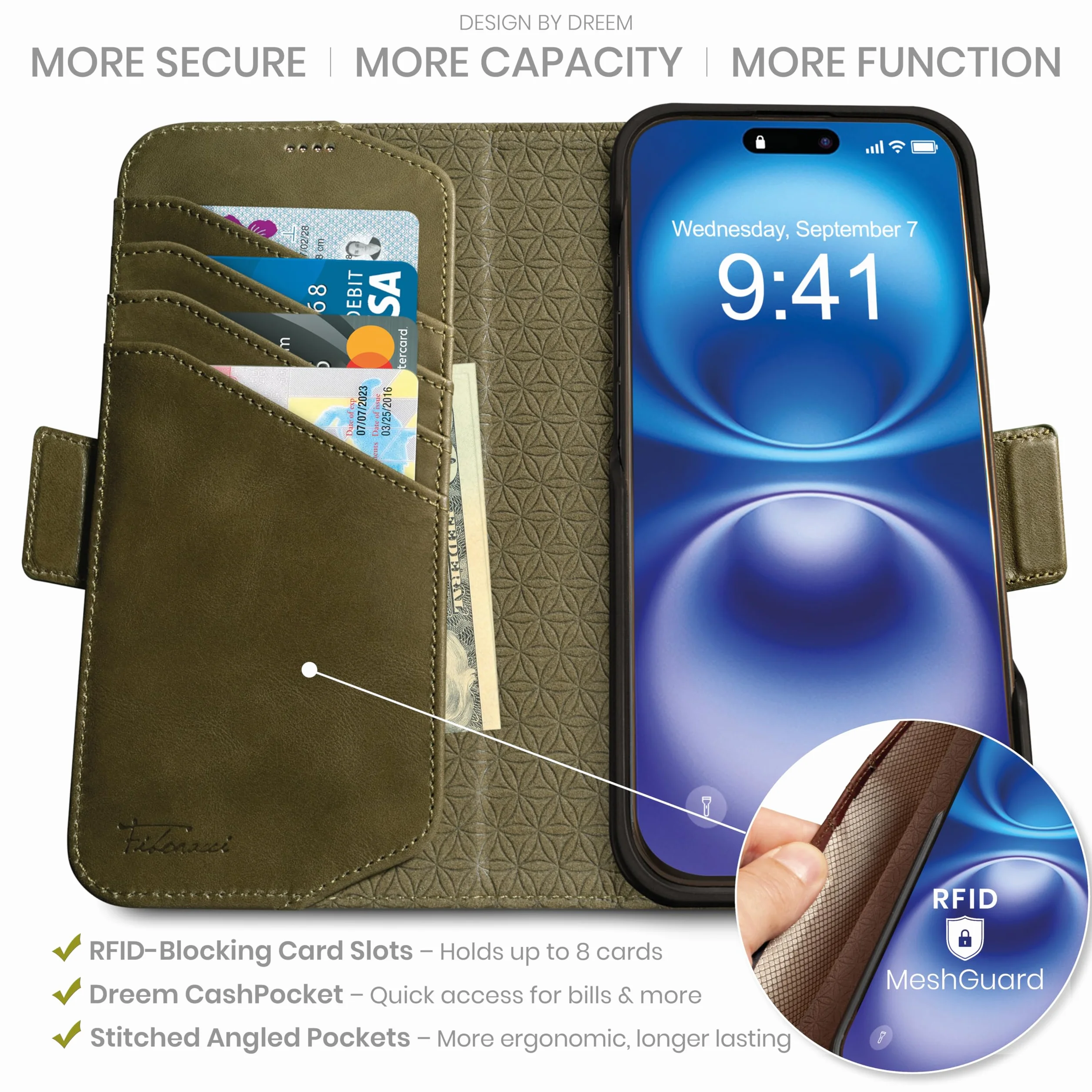 dreem Etui z prawdziwej skóry do iPhone'a 16 Pro Max, rewolucyjny stojak na telefon, magSafe-Fit, magnetyczne odpinane etui z klapką, etui na karty blokujące RFID, pudełko prezentowe [Fibonacci