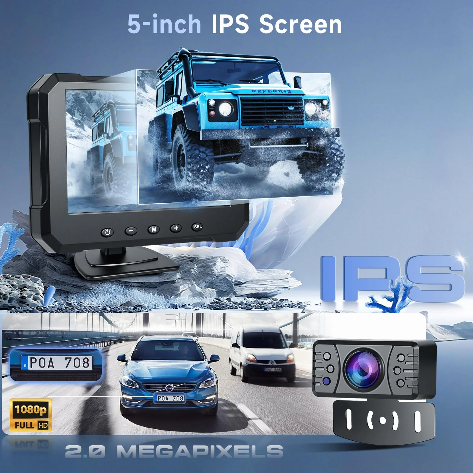 Hodozzy Zestaw cyfrowej kamery cofania, 5", 1080p HD, widoczność w nocy, IP69, z szerokim kątem, łatwa instalacja za pomocą kabla i krótkiego uchwytu tablicy rejestracyjnej do samochodów ciężarowych