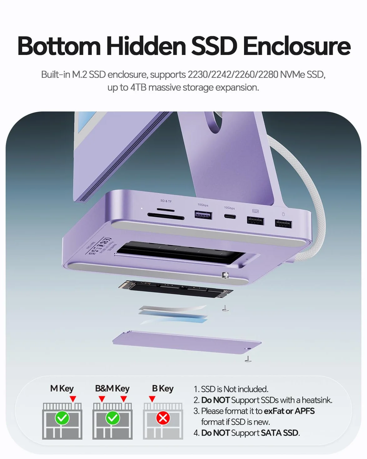 Ulepszony iMac Hub do iMac M1/M3/M4, akcesoria iMac z obudową SSD (bez SSD), hub USB C do iMaca 24 cali z HDMI 4K@60 Hz, 2,5 GbE, USB A/C 3.2 10 Gbit/s, SD/TF, audio, fioletowy