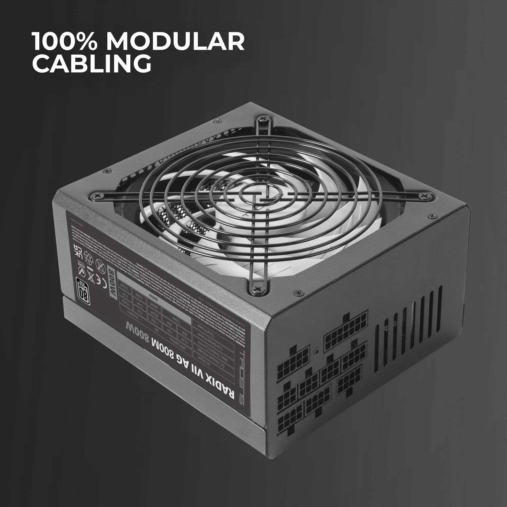Tacens RADIX VII AG 800, Full Modularny Zasilacz ATX 800W, 10 Lat Gwarancji, 80Plus Silver, Sprawność +87%, Wentylator 140mm FDB z Technologią AI-RPM, Japońskie Kondensatory 105º, Czarny