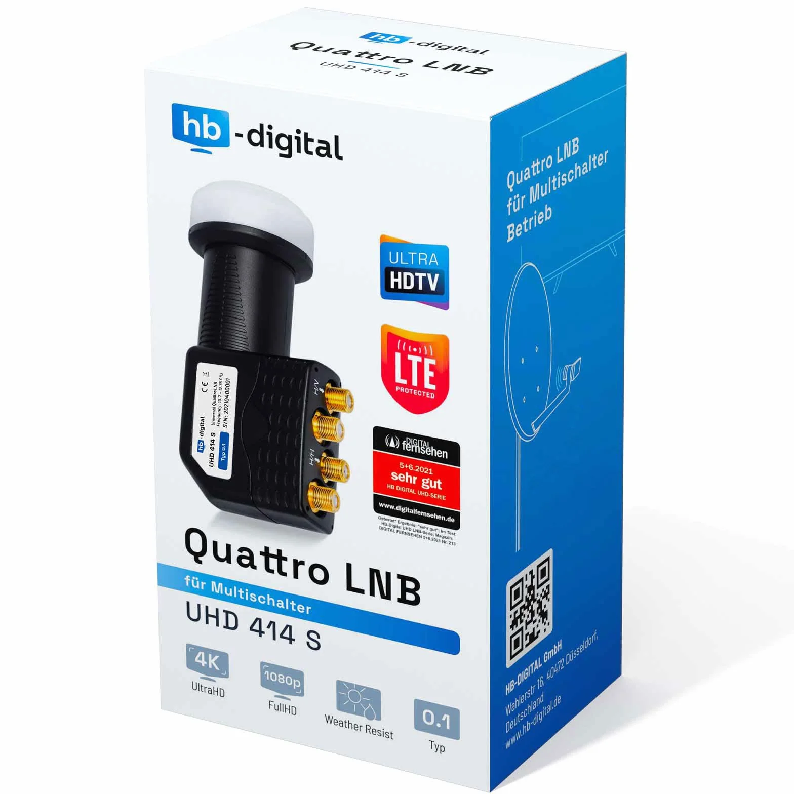 hb-digital Quattro LNB zastosowanie tylko do multiprzełącznika (test BARDZO DOBRY *) do multiprzełącznika Multiswitch LTE Protected Digital Sat Full HDTV 3D 4K UHD ochrona przed warunkami atmosferycznymi czarny + 4 x wtyk F