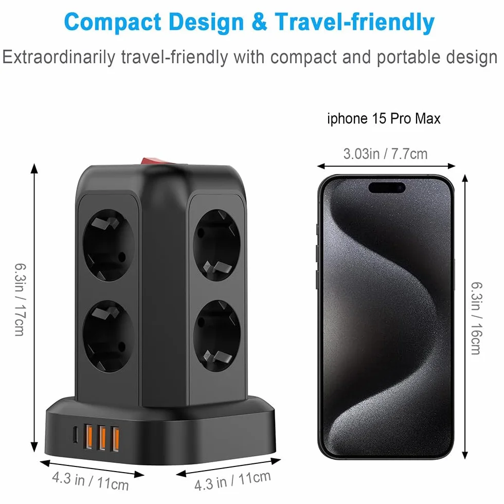 Gniazdo zasilające Multi Tower, wiele gniazd, 2500 W, przedłużacz z 3 portami USB, 1 portem typu C, odpowiednie do różnych zastosowań (11 x 11 x 17 cm)