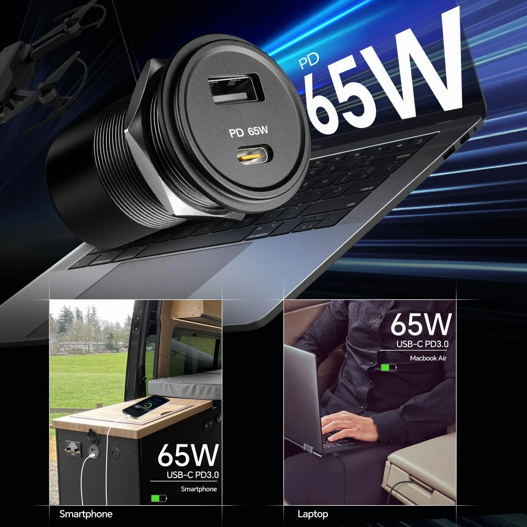 acegoo Gniazdo USB 12 V 65 W PD3.0 i 18 W QC3.0, gniazdo USB kampera, całkowicie aluminiowa, wodoodporna ładowarka do laptopa, szybkie ładowanie do kampera, łodzi, autobusu, samochodu, ciężarówki, ATV