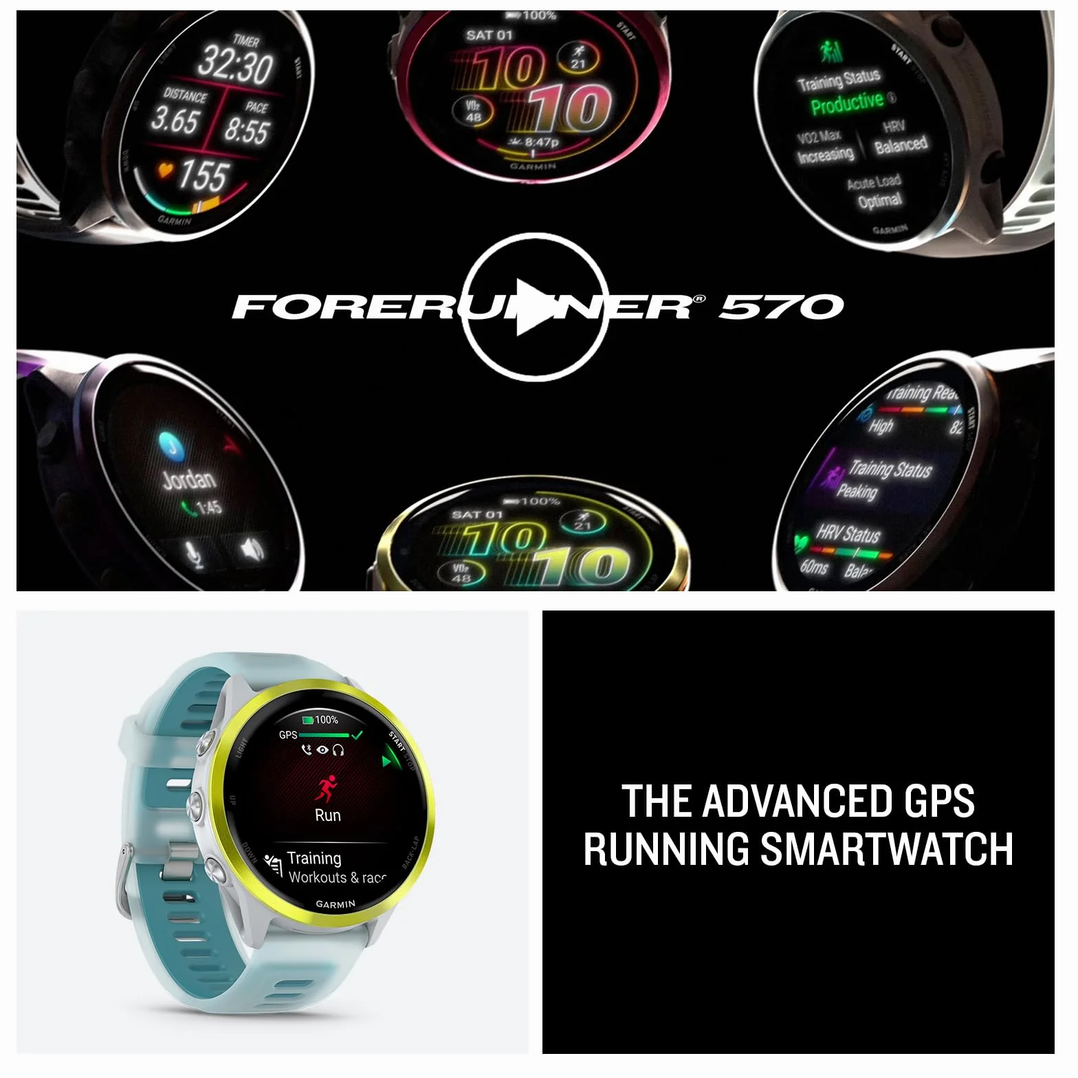 Garmin® Forerunner® 570, 47mm, Advanced GPS Running and Triathlon Smartwatch, AMOLED Display, Training and Recovery Features, Amp Yellow Aluminum with Translucent Whitestone/Turquoise Band | Wyświetlacz Amoled 47 mm, aluminiowa ramka, trening i wyszukiwan