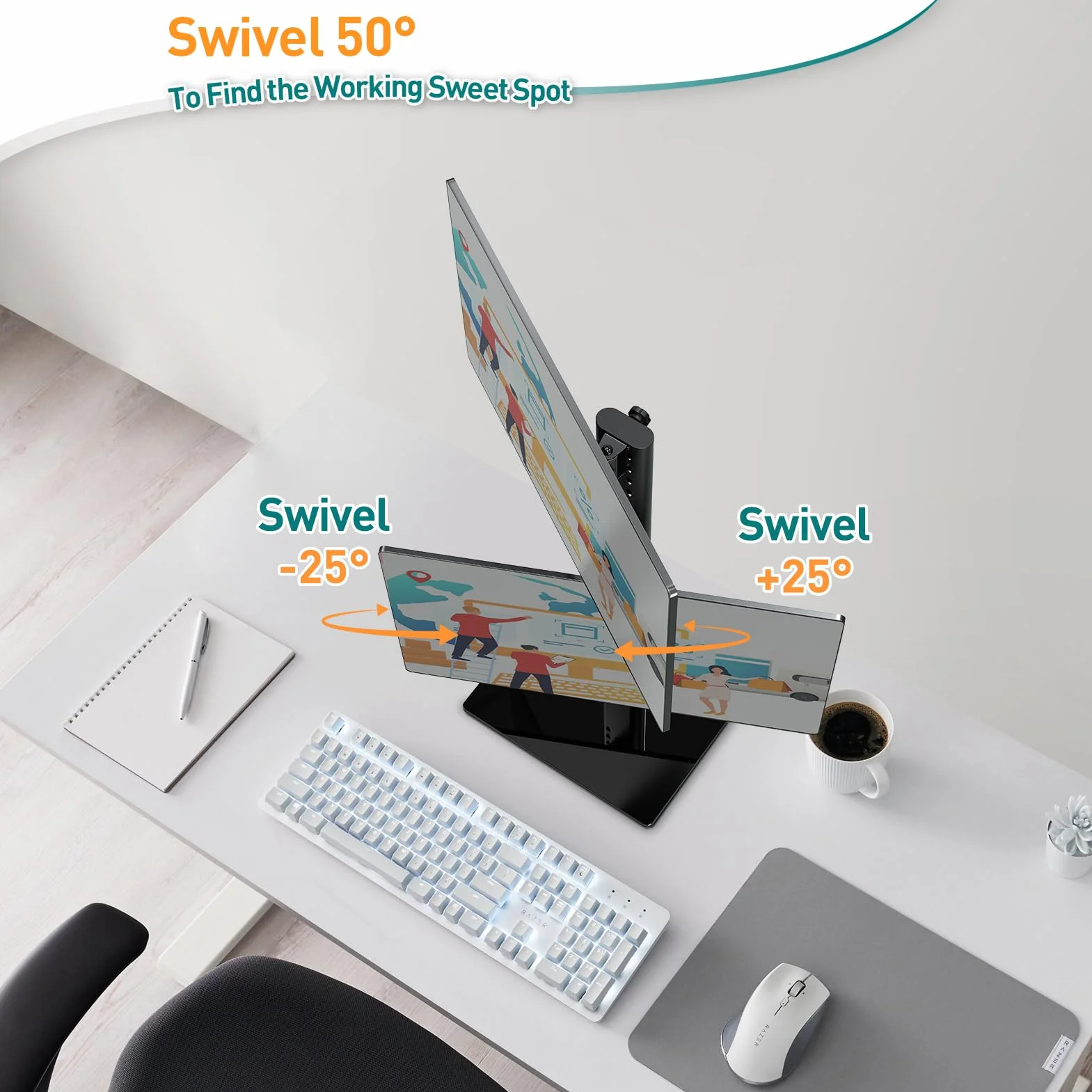 ELIVED Podwójny stojak na biurko, pionowe ramię monitora wolnostojące do większości monitorów 13–32 cale z VESA 75 x 75 / 100 x 100 mm do 15 kg, obrót o 360° regulowany uchwyt na monitor PC EV2012