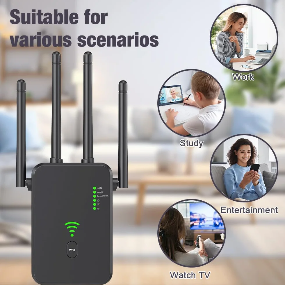 Wzmacniacz Wi-Fi, wzmacniacz sygnału WiFi, wzmacniacz sygnału WiFi, 2,4 GHz + 5 GHz WiFi Booster z repeaterem, kompatybilny ze wszystkimi routerami z 1 portem WAN, 1 portem LAN, obsługa WPS