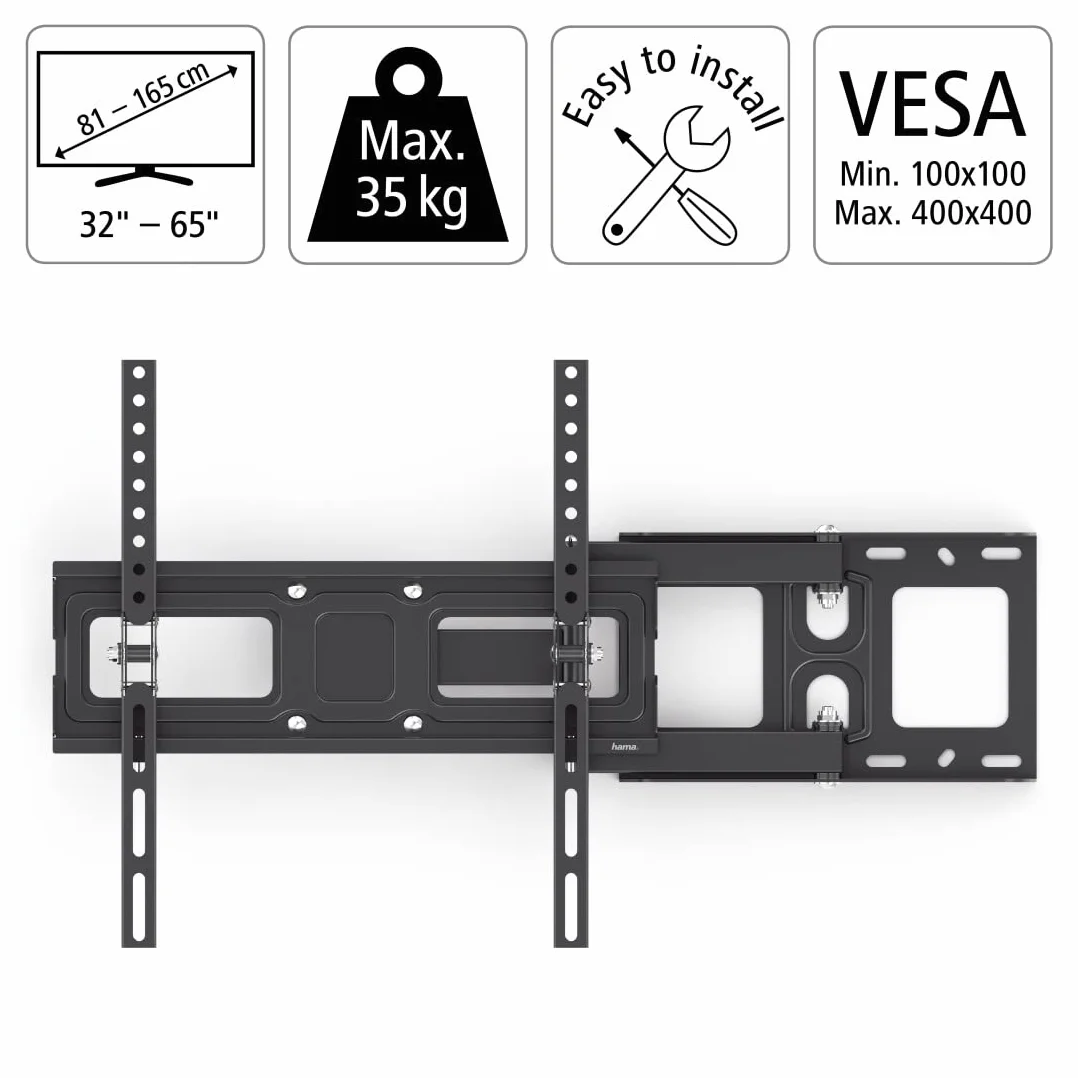 Hama Uchwyt ścienny do telewizora LCD/LED 32"-65" (VESA 400x400, pochył +/- 15°, organizer kabli, 3 przeguby, stal, maks. udźwig 35kg) czarny