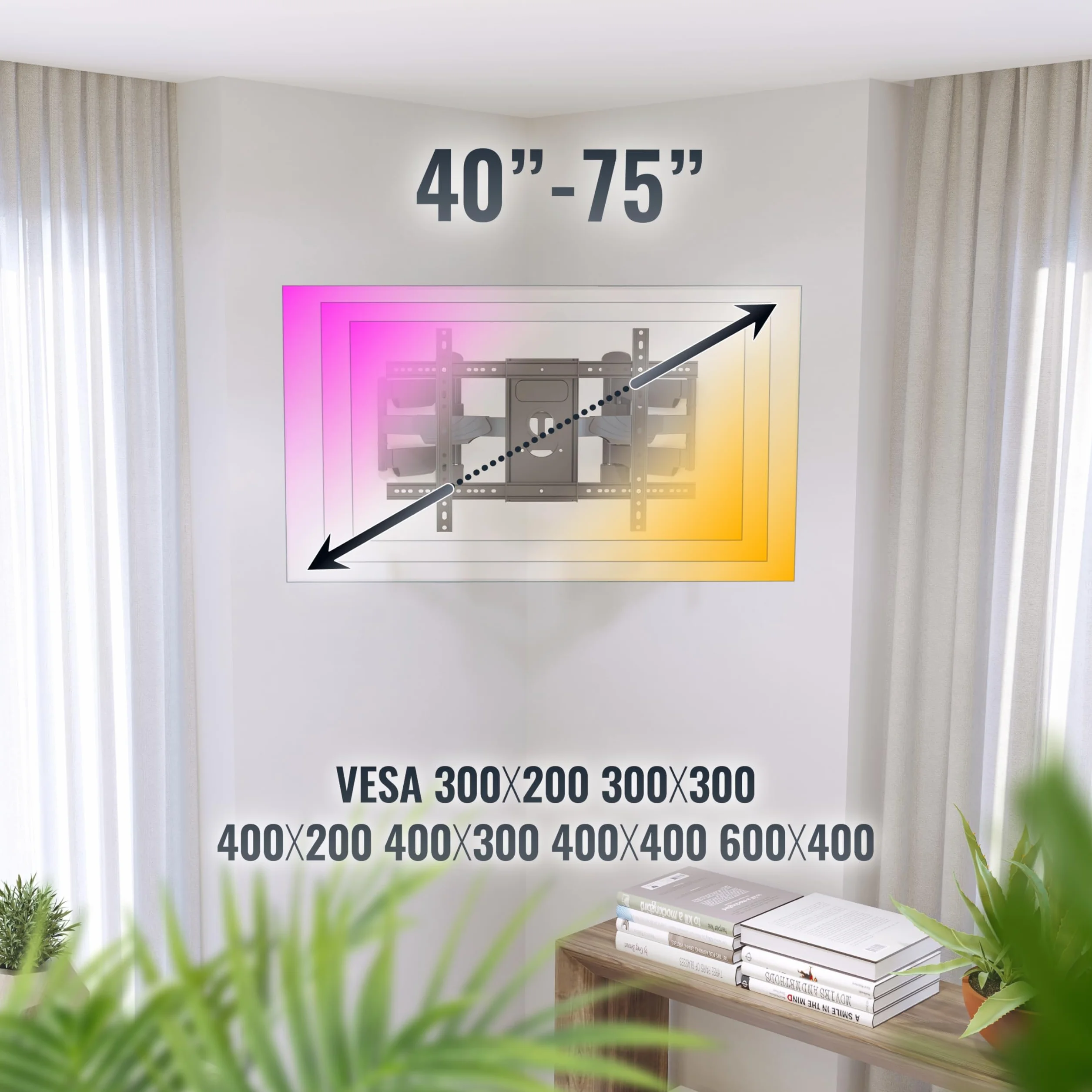 RICOO Uchwyt ścienny do telewizora, narożny, wychylny, do 37-70 cali, uniwersalny uchwyt TV S5364, uchwyt na telewizor na ścianę, uchwyt ścienny do telewizora 55 cali do 45 kg z maks. VESA 600 x 400